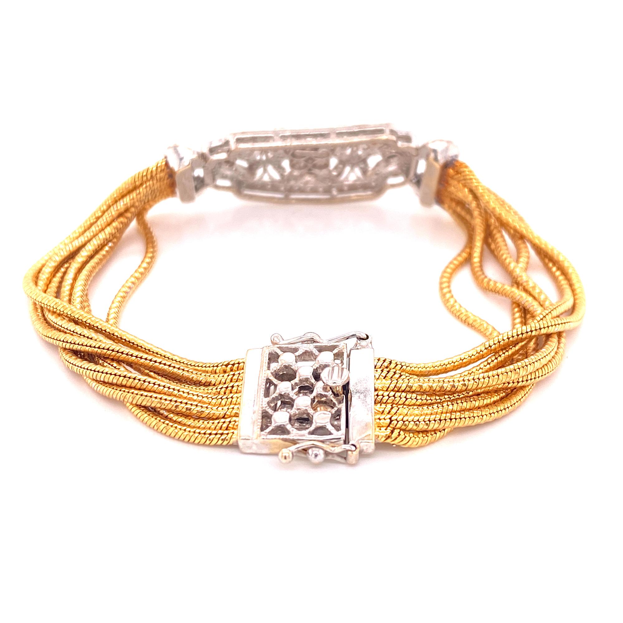 Round Cut 1950s Platinum 18 Karat Yellow Gold Diamond Filigree Multi-Row Bracelet