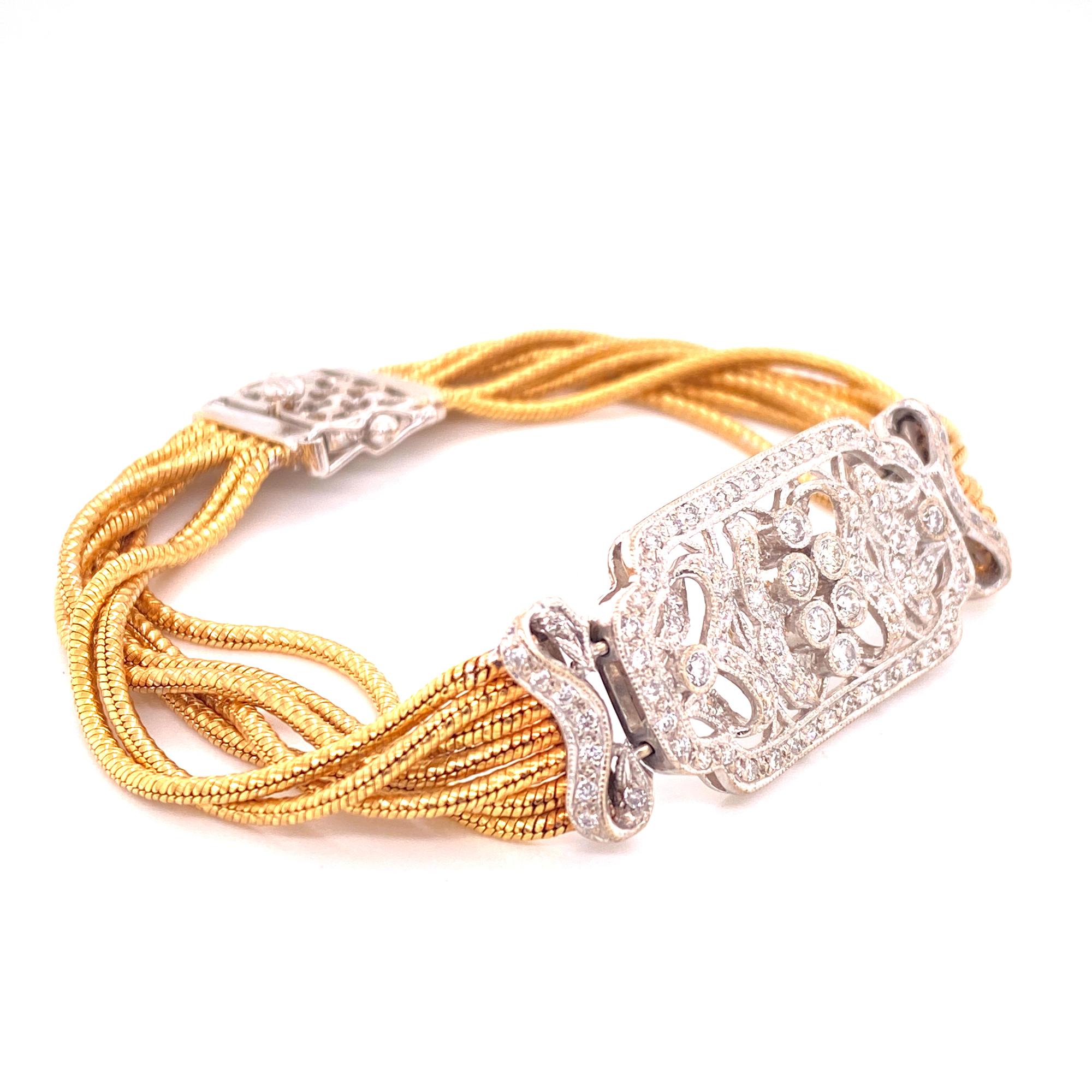 1950s Platinum 18 Karat Yellow Gold Diamond Filigree Multi-Row Bracelet In Excellent Condition In Boca Raton, FL