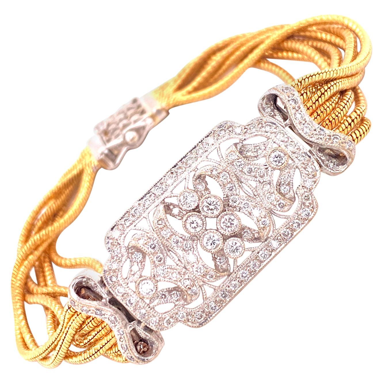 1950s Platinum 18 Karat Yellow Gold Diamond Filigree Multi-Row Bracelet