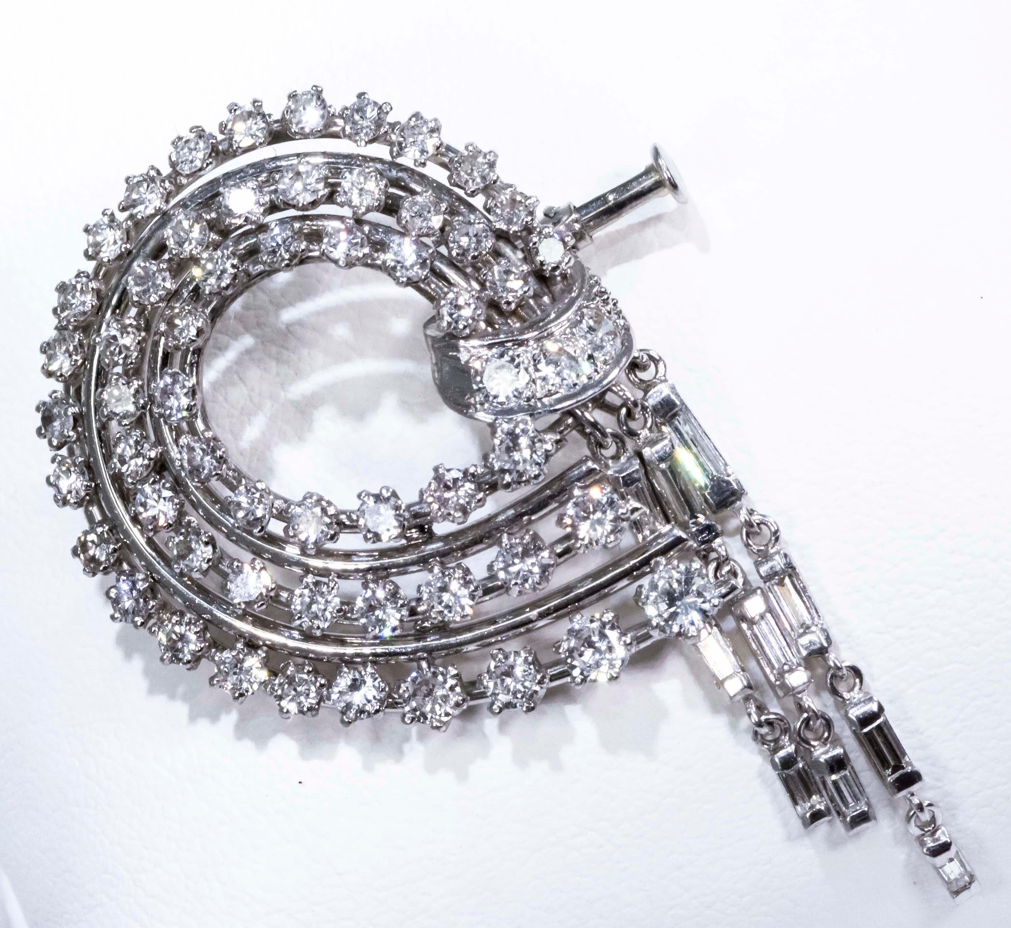 1950s French Platinum 4 Carat Brilliant Round Diamond Set Bow Brooch Pin Pendant 8