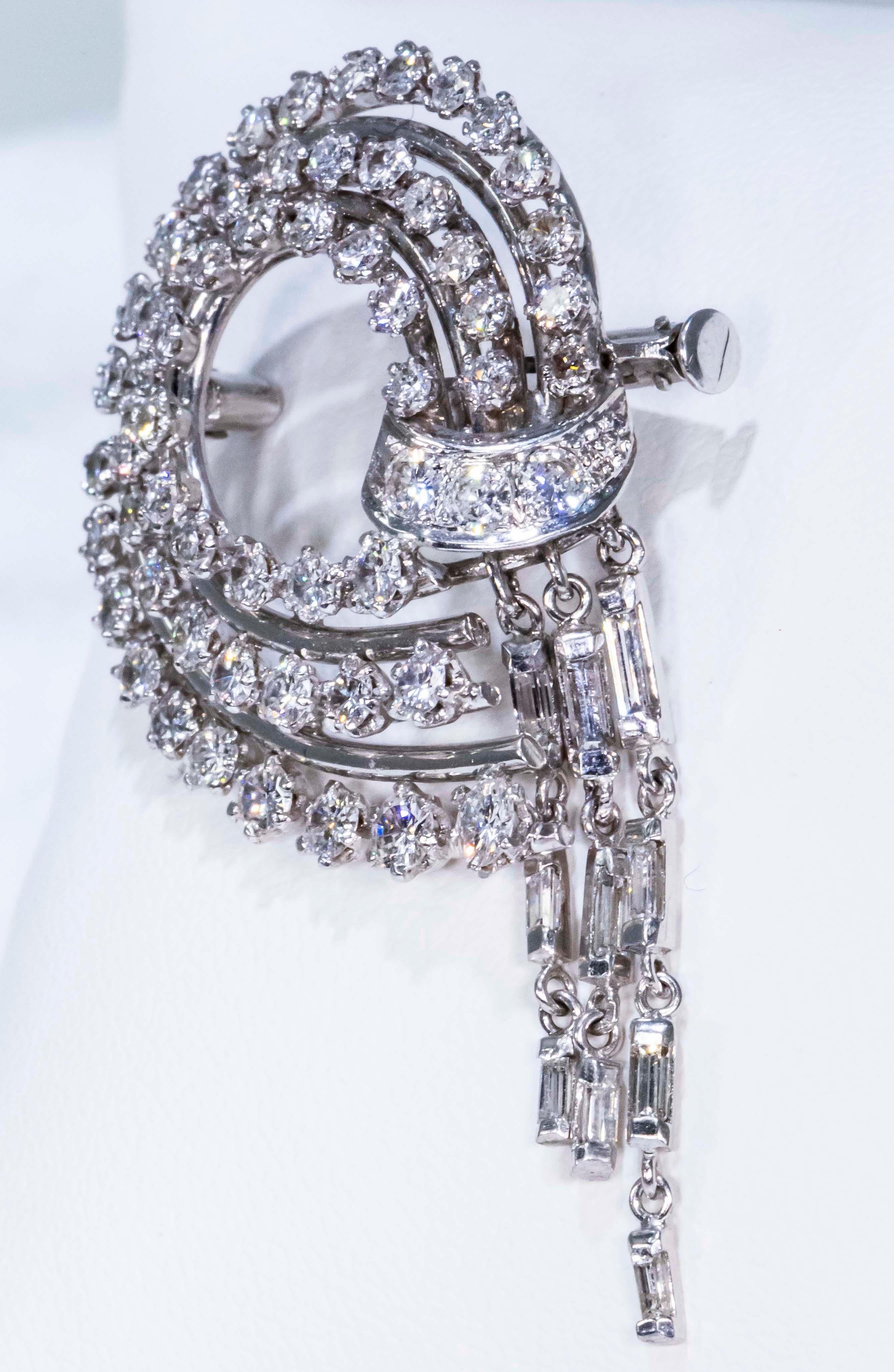 1950s French Platinum 4 Carat Brilliant Round Diamond Set Bow Brooch Pin Pendant 2