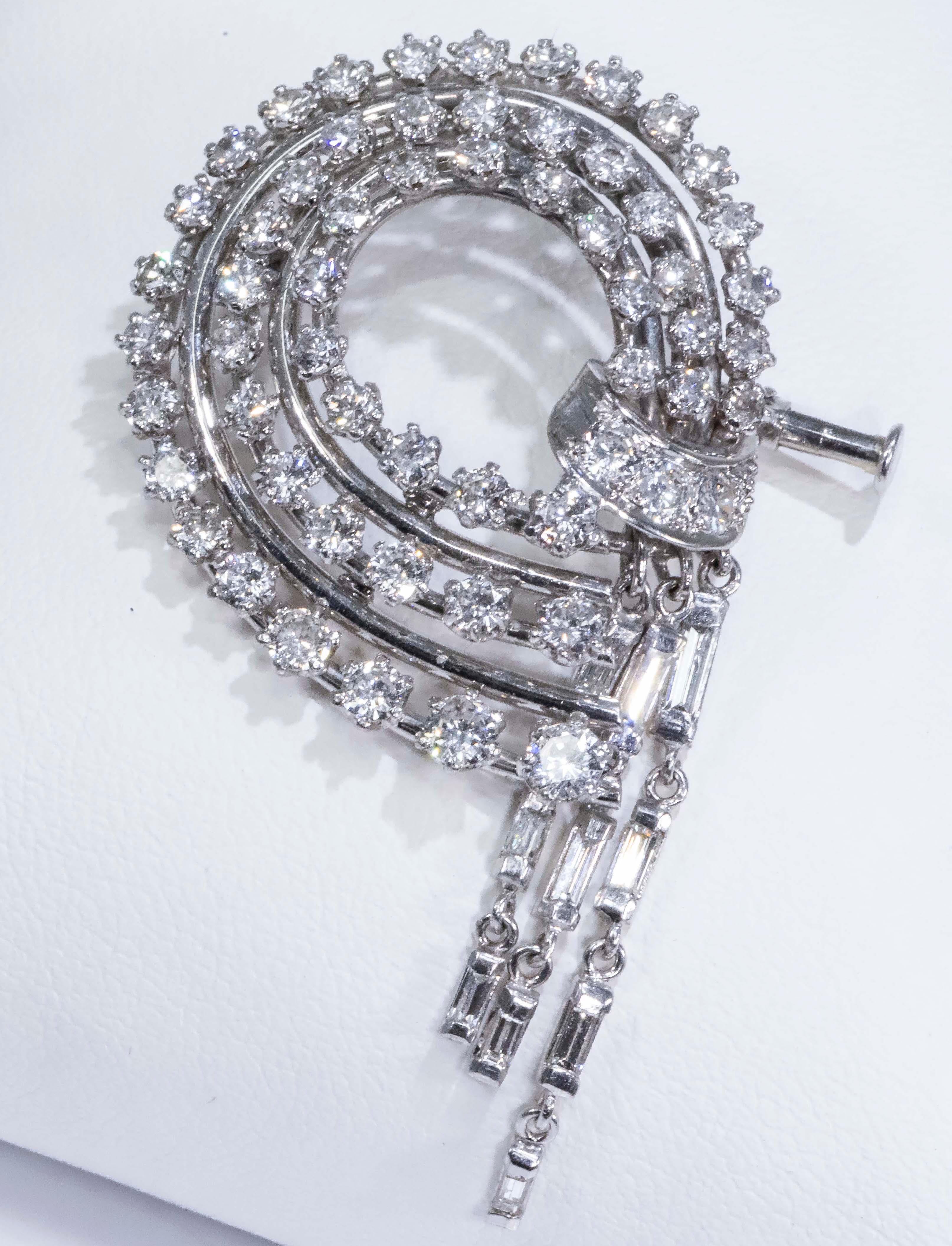 1950s French Platinum 4 Carat Brilliant Round Diamond Set Bow Brooch Pin Pendant 3