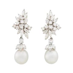 1950s Platinum 5.60 Carat VS Diamond South Sea Cultured Pearl Pendant Earrings