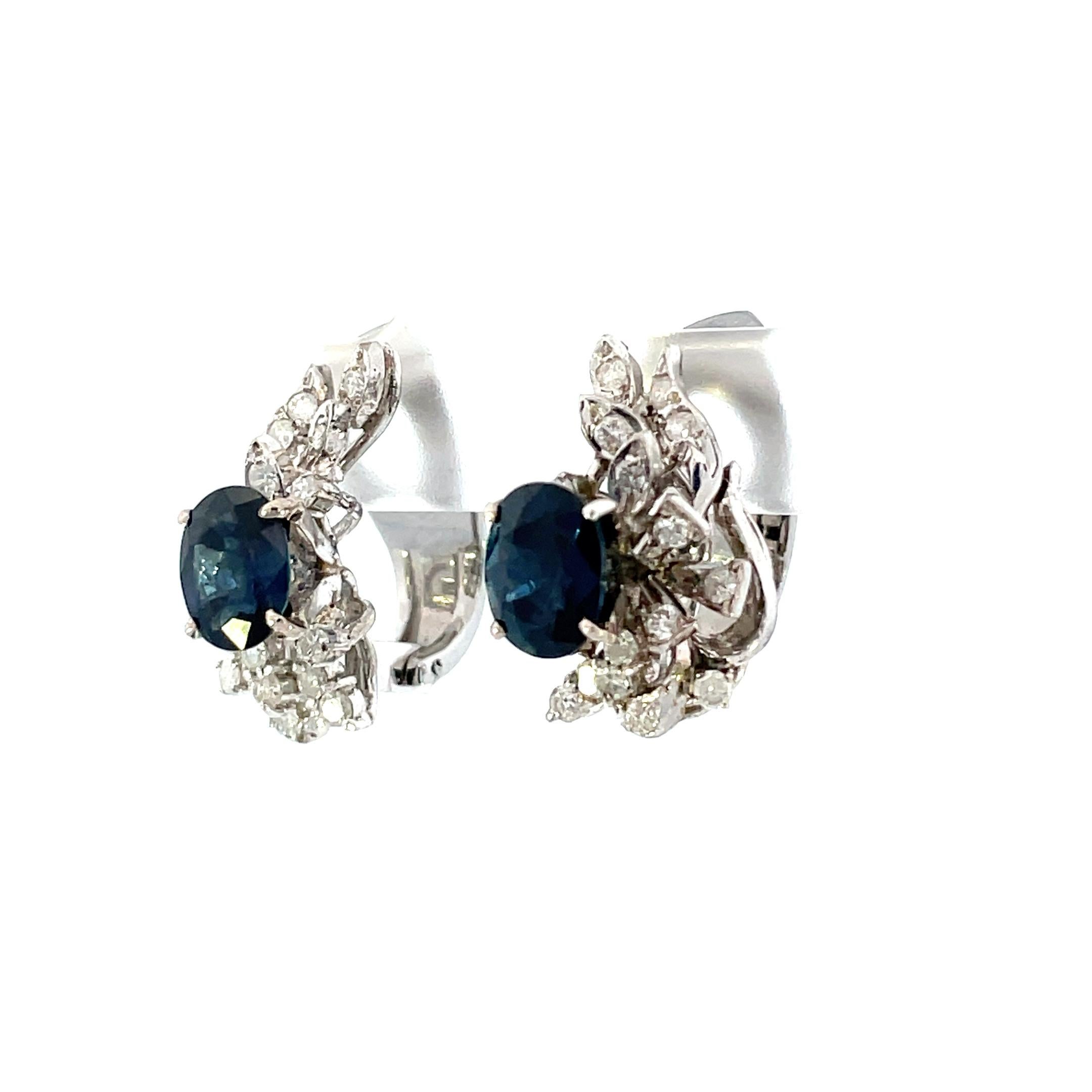Oval Cut 1950s Platinum Blue Sapphire and Diamond Mid Century Retro Non-Pierced Earrings  For Sale