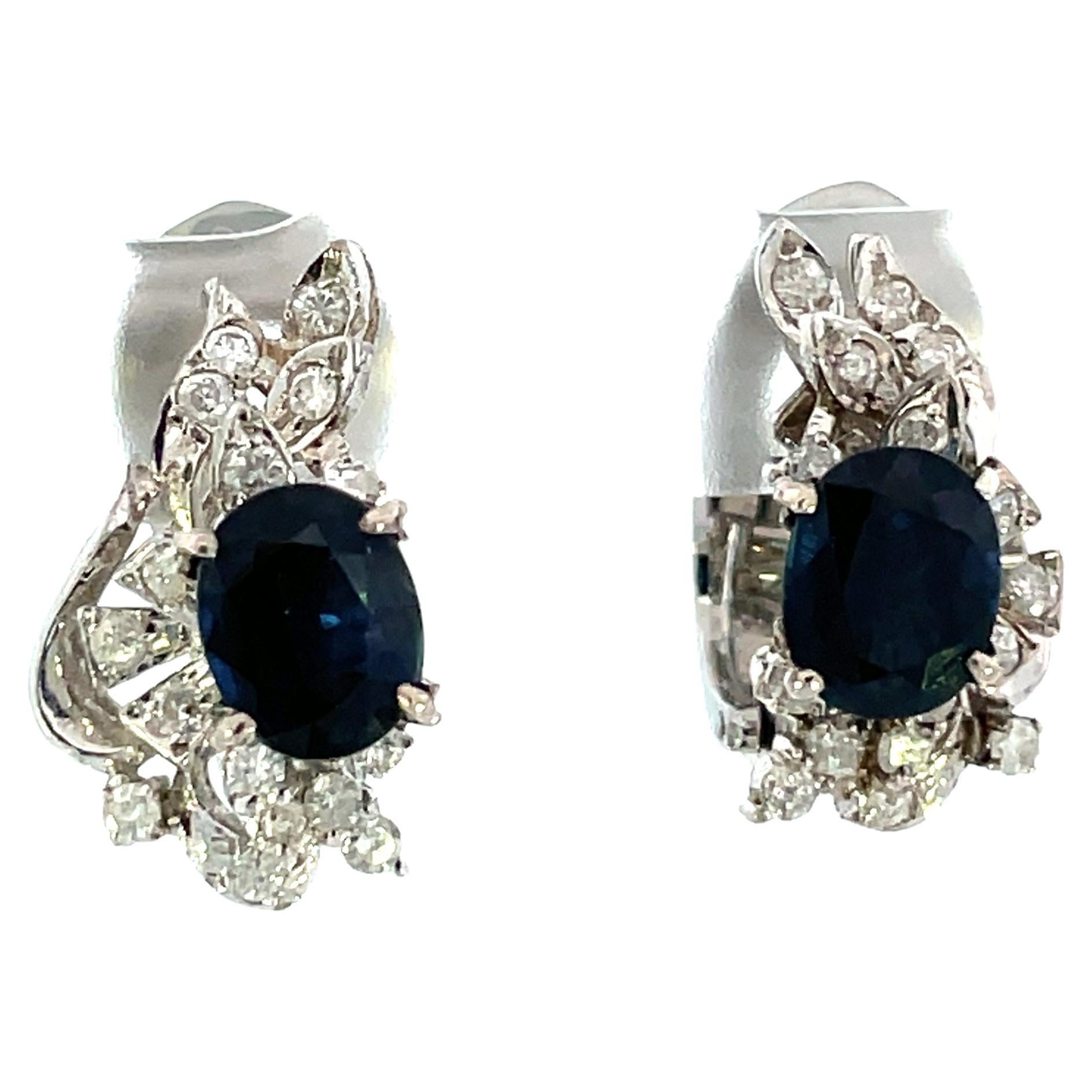 1950s Platinum Blue Sapphire and Diamond Mid Century Retro Non-Pierced Earrings  For Sale