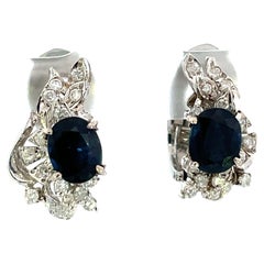 1950s Platinum Blue Sapphire and Diamond Mid Century Vintage Non-Pierced Earrings 