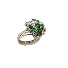 1950s Platinum Cocktail Ring w/ Emerald and Diamond
