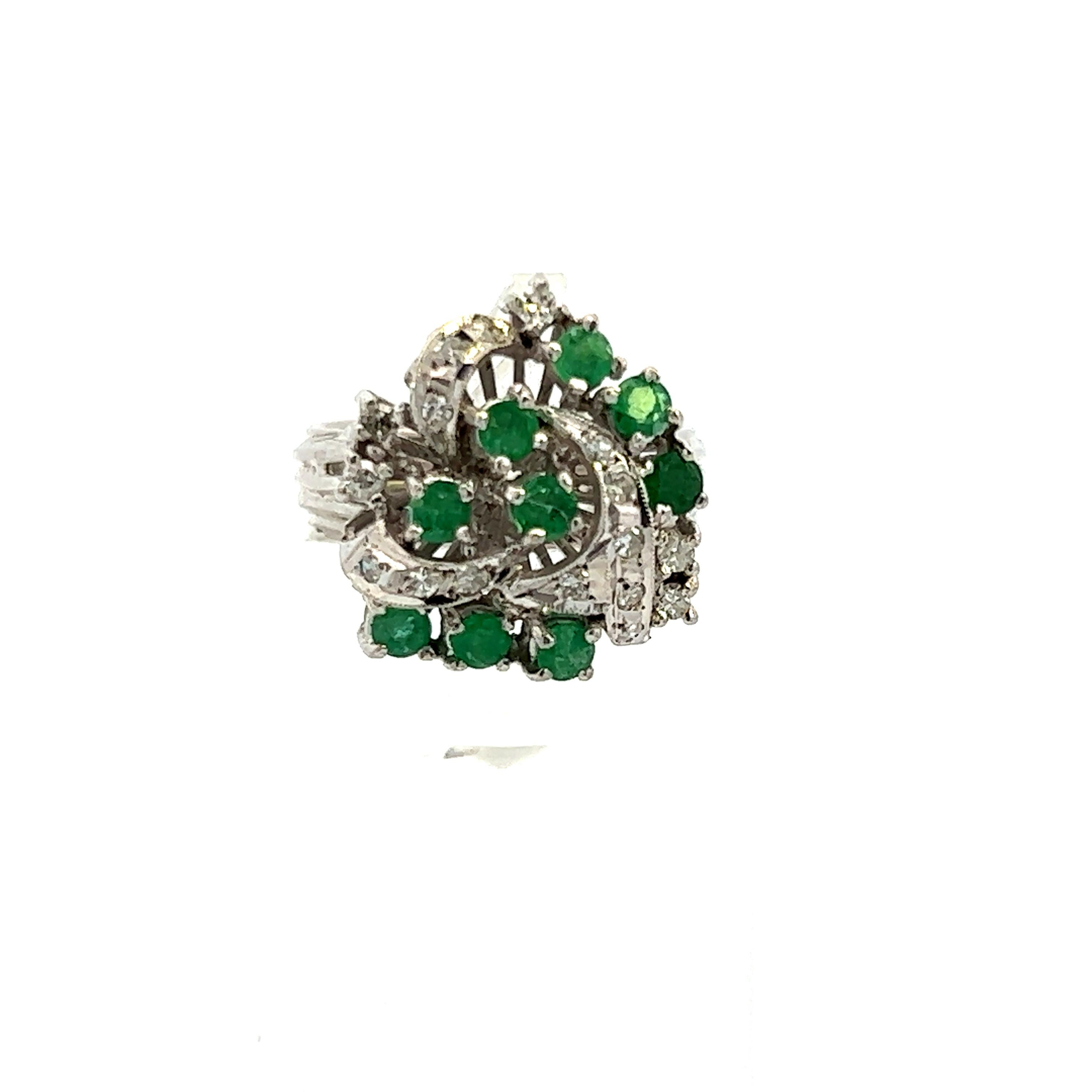 Emerald Cut 1950s Platinum Cocktail Ring w/ Emerald and Diamond  For Sale