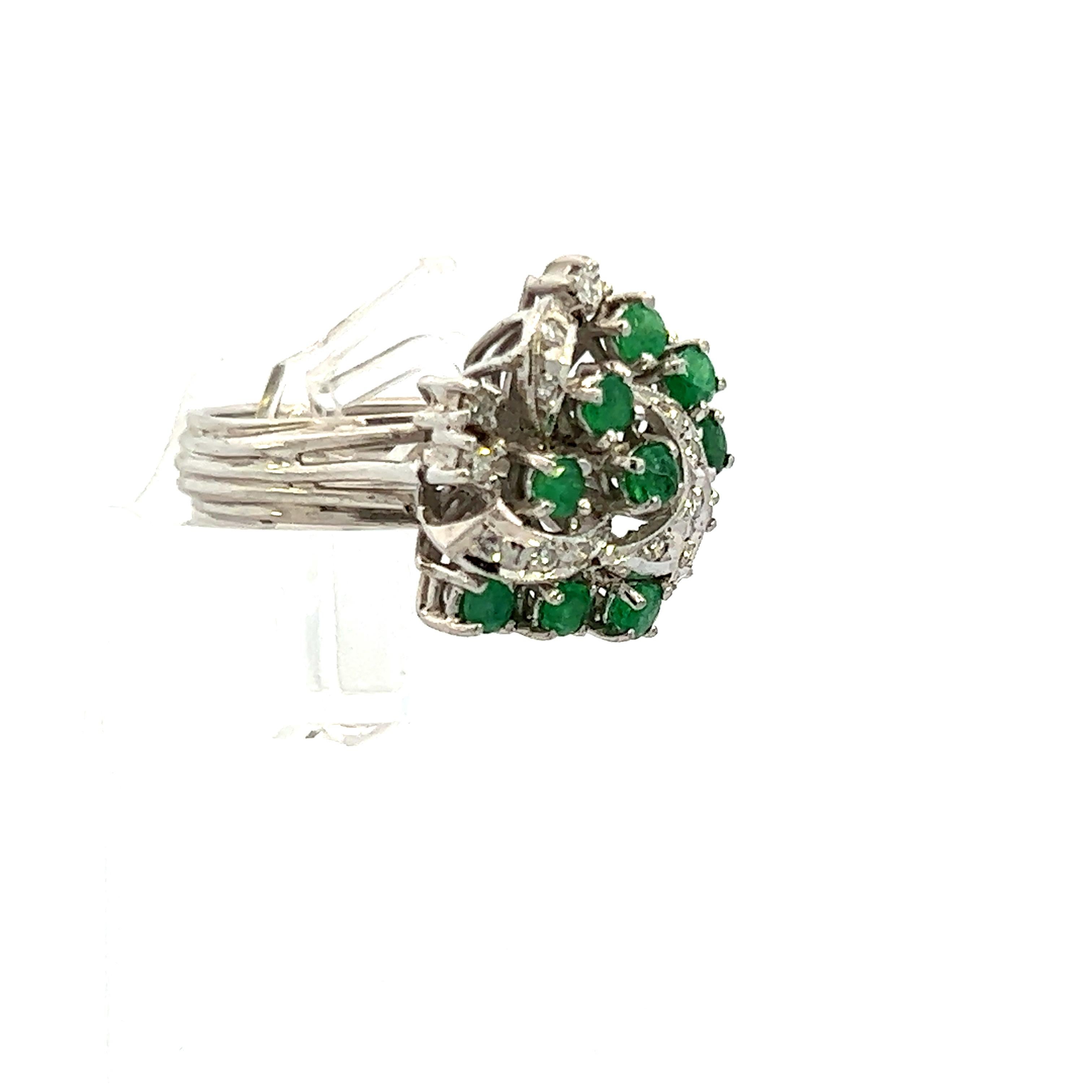 1950s Platinum Cocktail Ring w/ Emerald and Diamond  In Excellent Condition For Sale In Lexington, KY