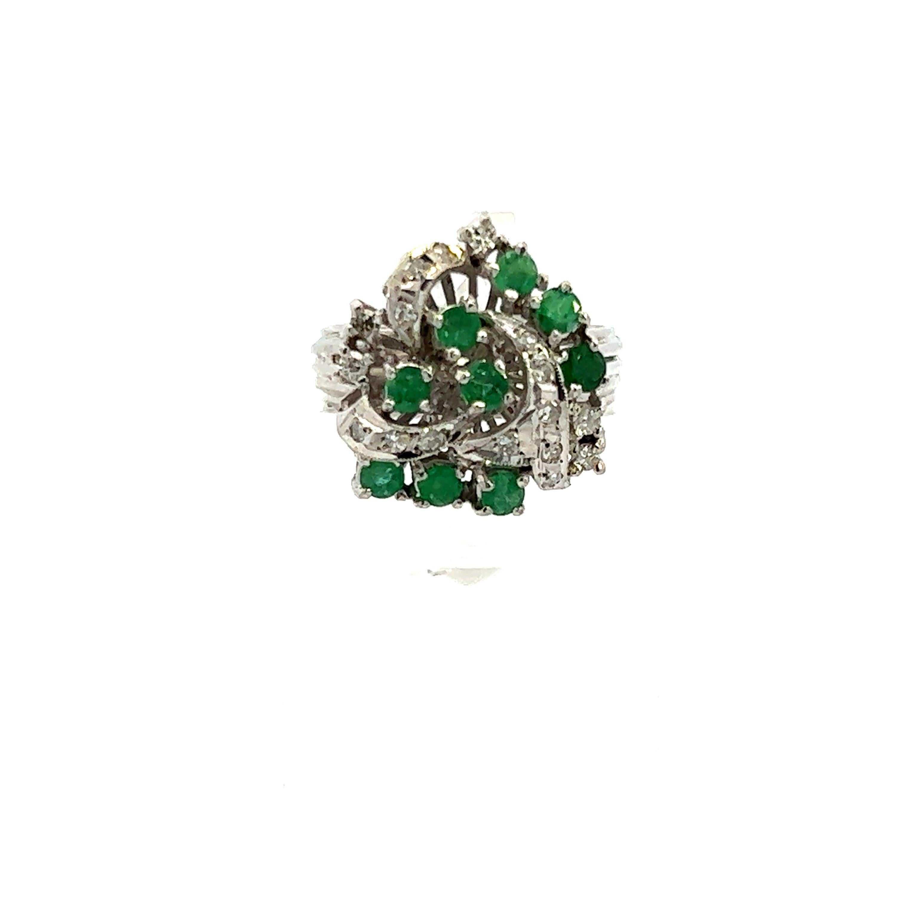Women's or Men's 1950s Platinum Cocktail Ring w/ Emerald and Diamond  For Sale