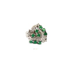 Vintage 1950s Platinum Cocktail Ring w/ Emerald and Diamond 