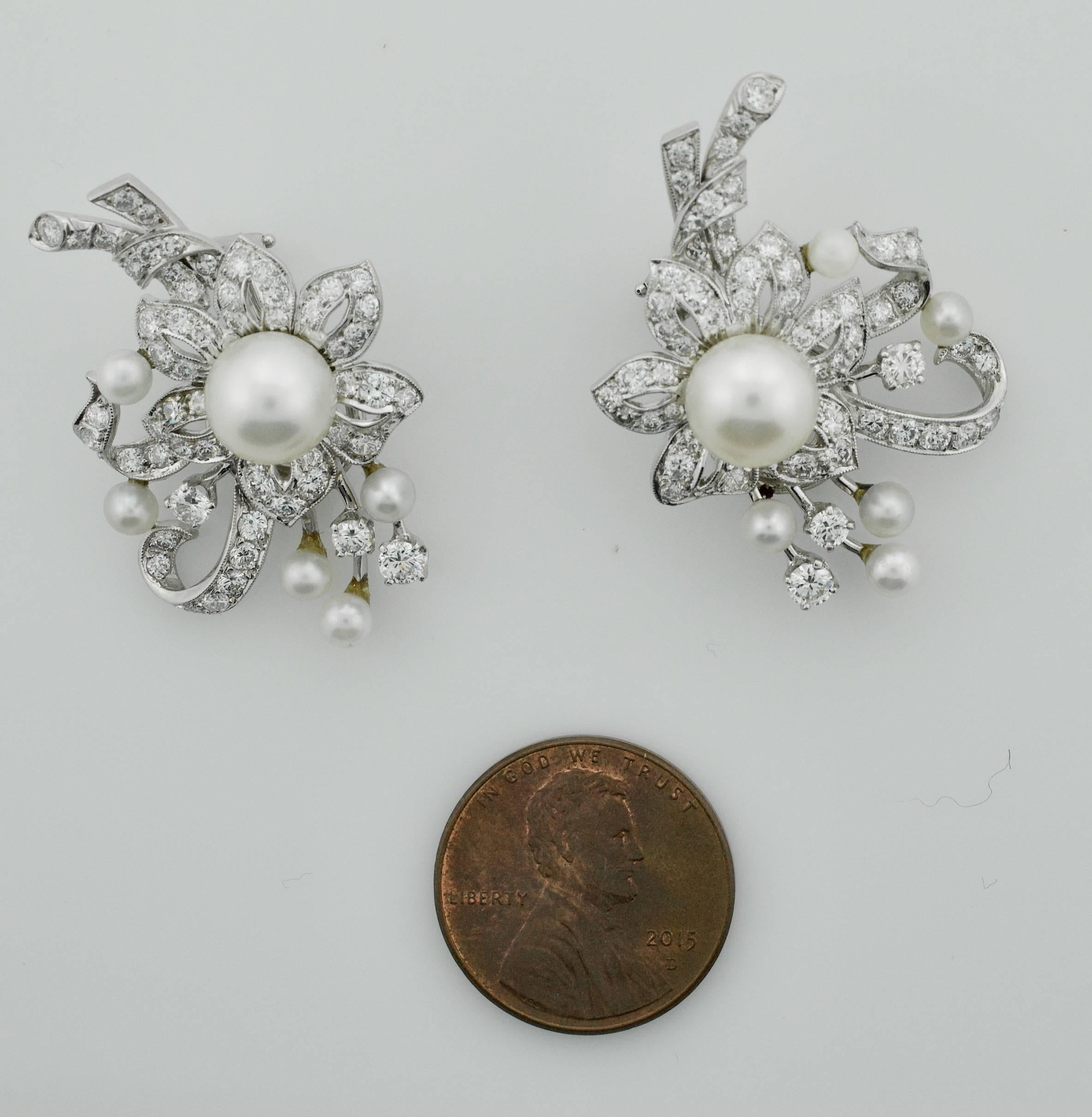 Round Cut 1950s Platinum Diamond and Pearl Handmade Earrings