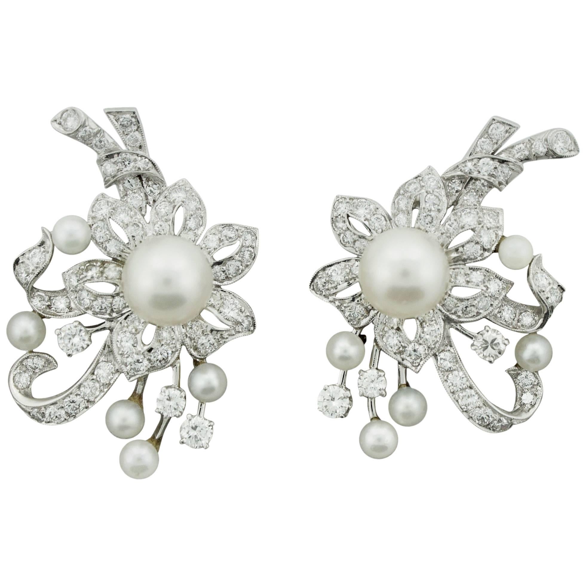 1950s Platinum Diamond and Pearl Handmade Earrings