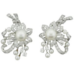 1950s Platinum Diamond and Pearl Handmade Earrings