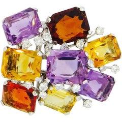 1950s Platinum Diamond Citrine Amethyst Gemstone Brooch Pendant for Necklace