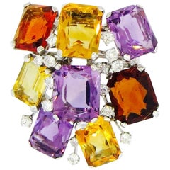1950s Platinum Diamond Citrine Amethyst Gemstone Brooch Pendant for Necklace