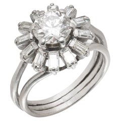 1950s Platinum Diamond Cluster Ring, 1.33 Carat Centre with Baguettes
