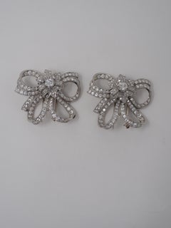 1950s Platinum Diamond Double Bow Brooch Clips