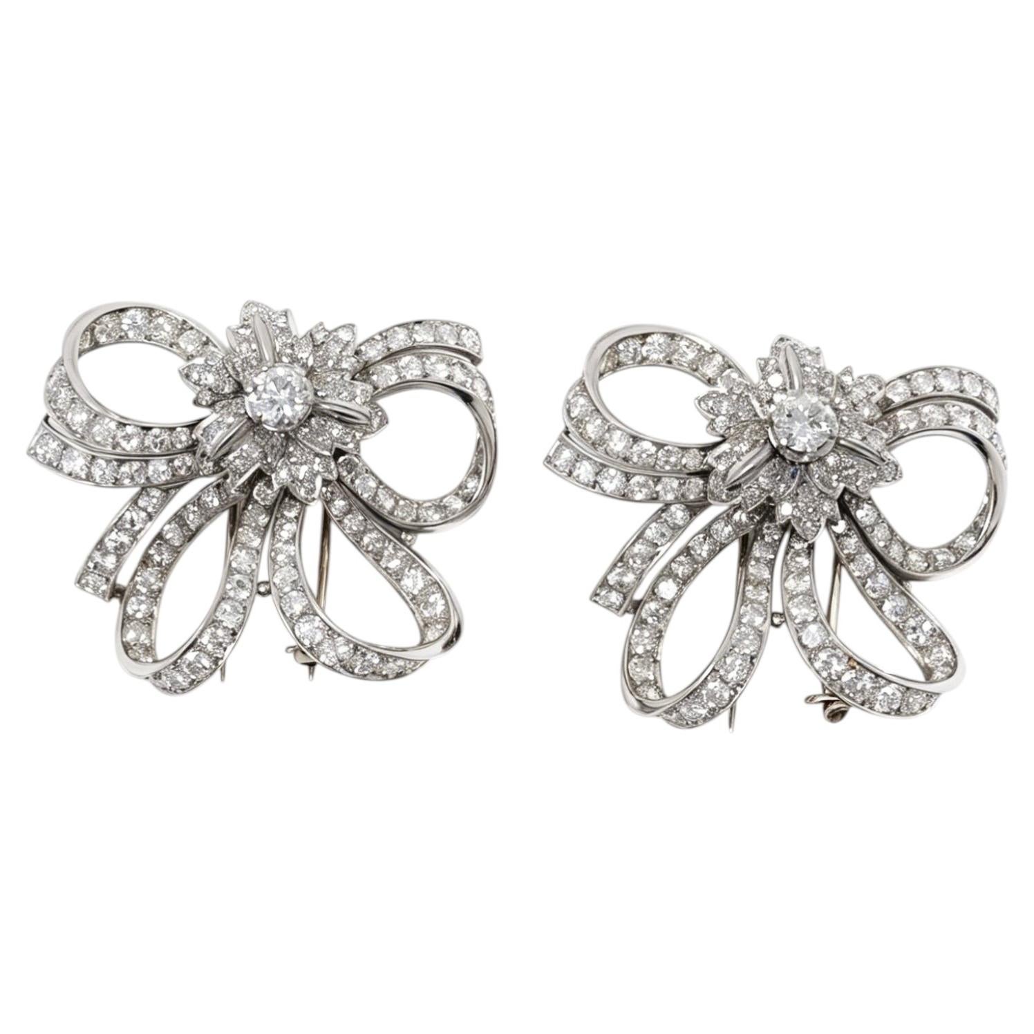 1950s Platinum Diamond Double Bow Brooch Clips