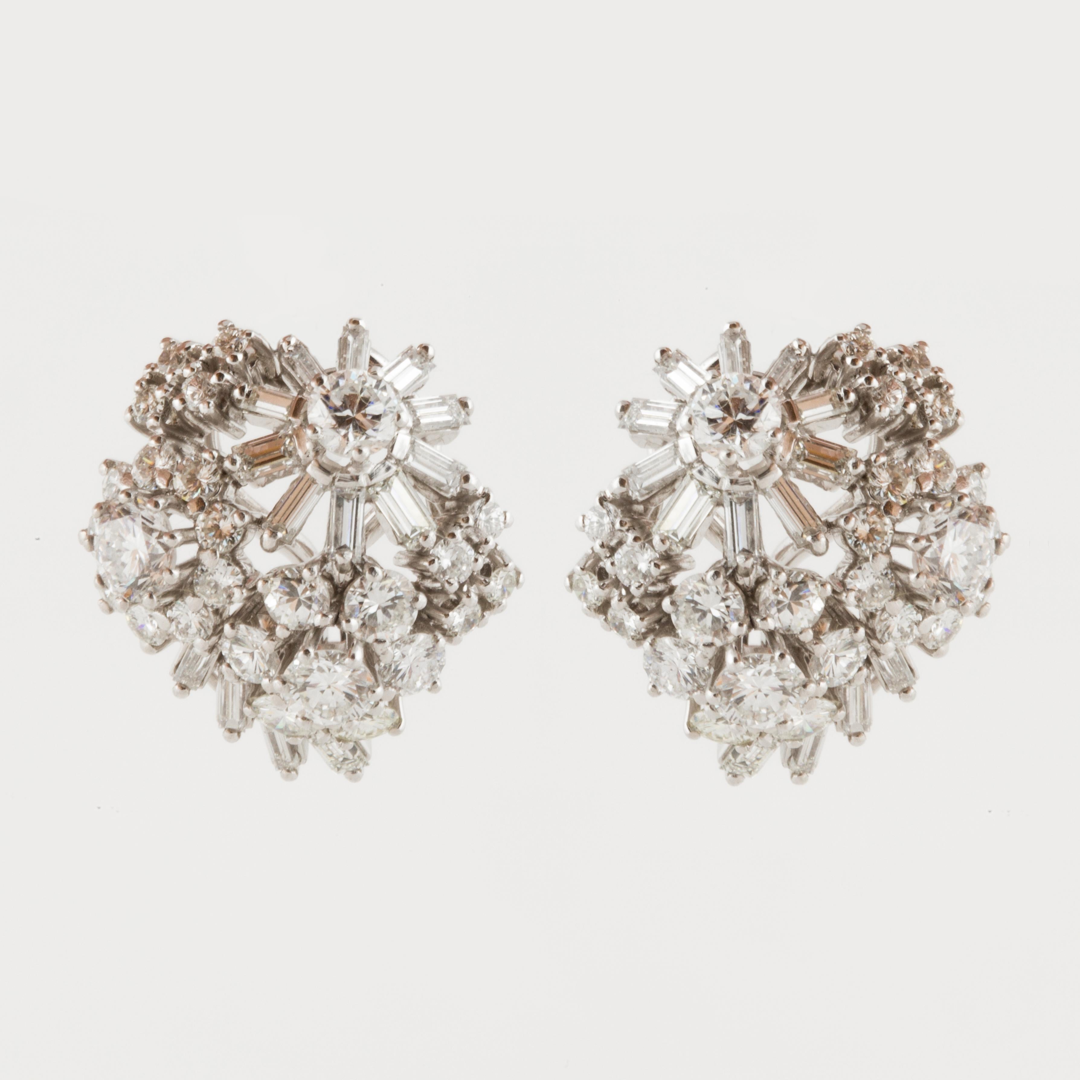 Mixed Cut 1950s Platinum Diamond Cluster Earrings For Sale
