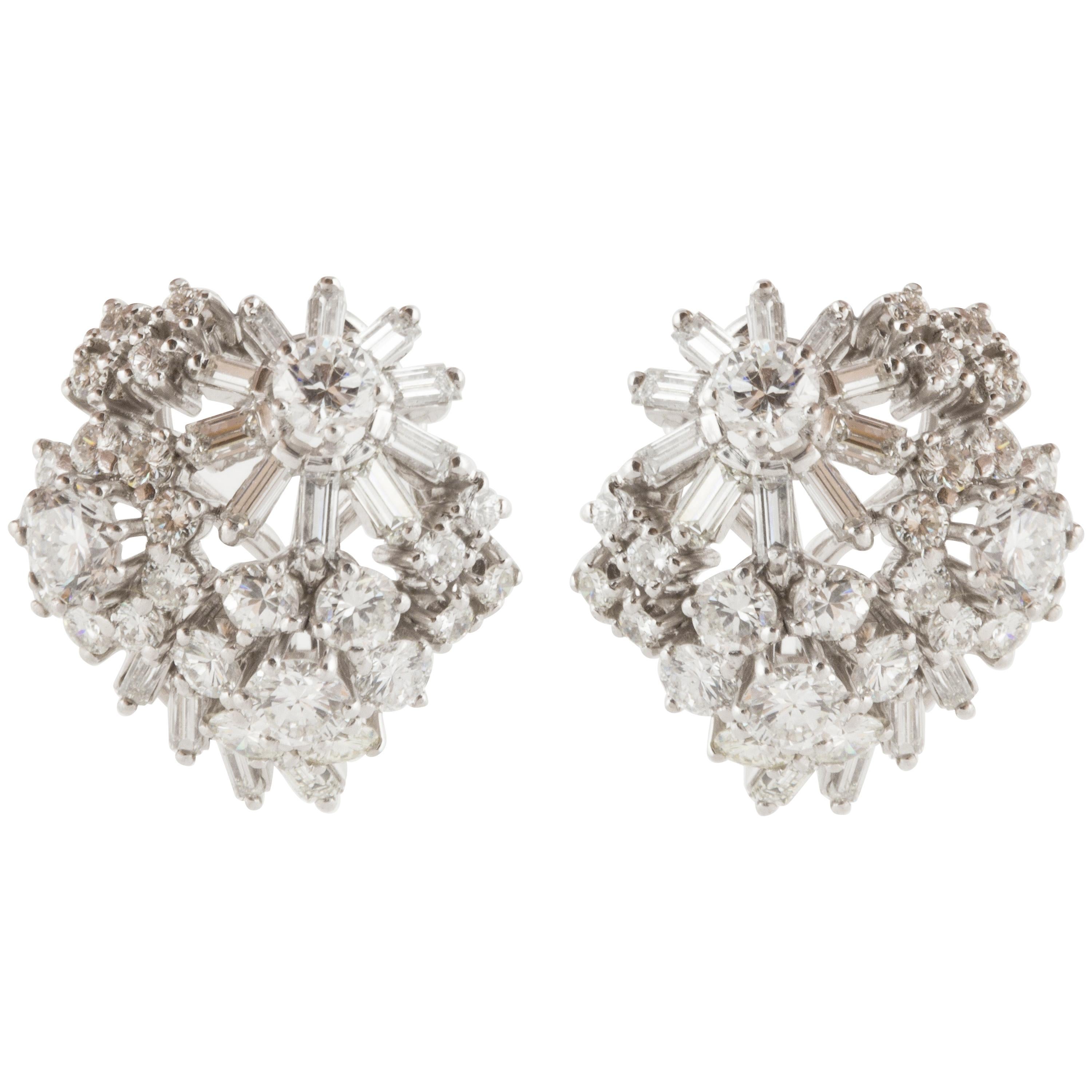 1950s Platinum Diamond Cluster Earrings For Sale