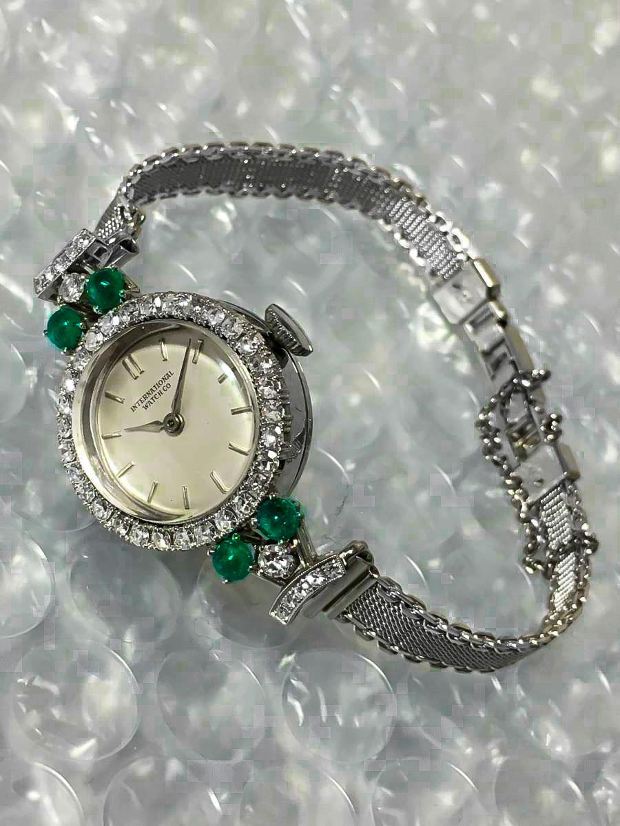 Retro 1960s Platinum Diamond Emerald IWC International Watch Company Bracelet Watch For Sale