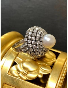 Vintage 1950’s Platinum Diamond Pearl Dome Bombe Cocktail Ring 6.70cttw Sz 6