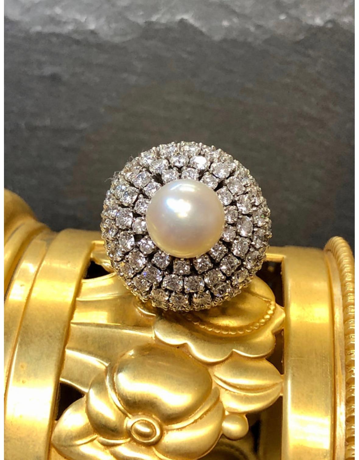 Contemporary Vintage 1950’s Platinum Diamond Pearl Dome Bombe Cocktail Ring 6.70cttw Sz 6 For Sale