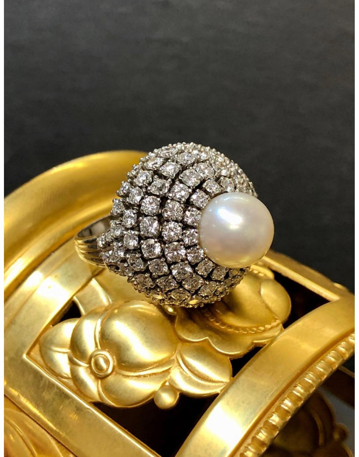 Round Cut Vintage 1950’s Platinum Diamond Pearl Dome Bombe Cocktail Ring 6.70cttw Sz 6 For Sale
