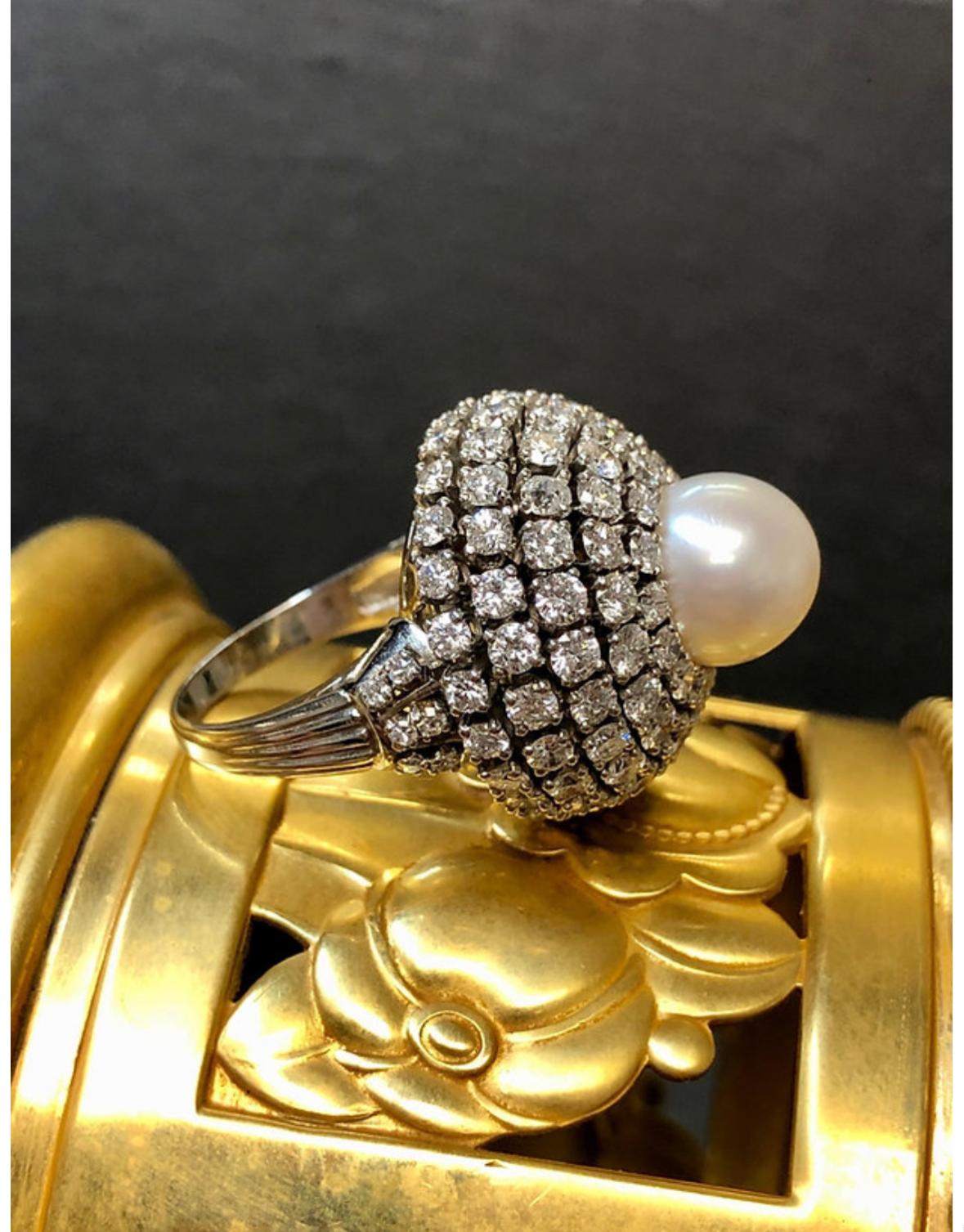 Vintage 1950’s Platinum Diamond Pearl Dome Bombe Cocktail Ring 6.70cttw Sz 6 In Good Condition For Sale In Winter Springs, FL