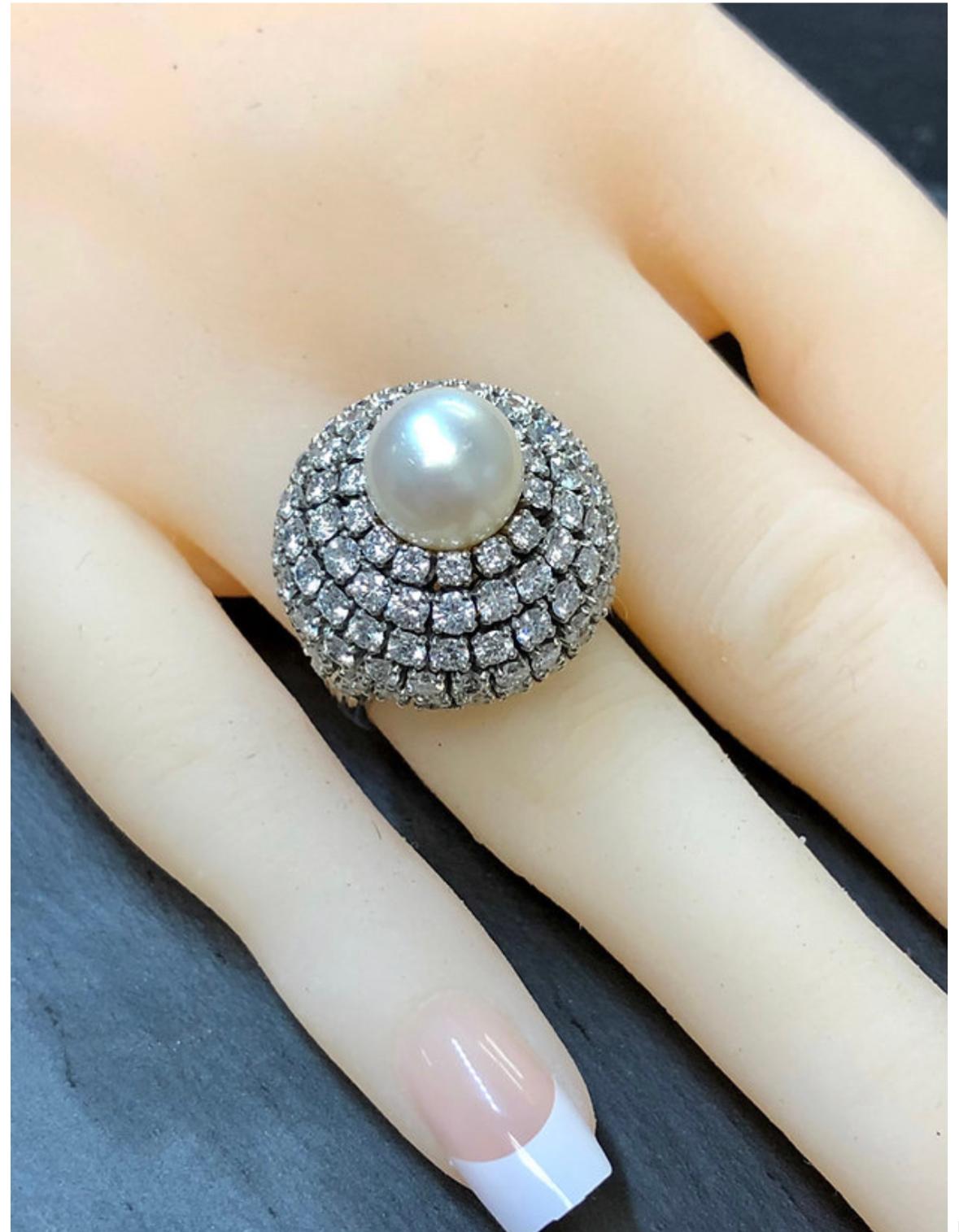 Women's or Men's Vintage 1950’s Platinum Diamond Pearl Dome Bombe Cocktail Ring 6.70cttw Sz 6 For Sale