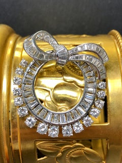 Vintage Platinum Baguette Round Diamond Wreath Circle Bow Brooch Pendant 7cttw