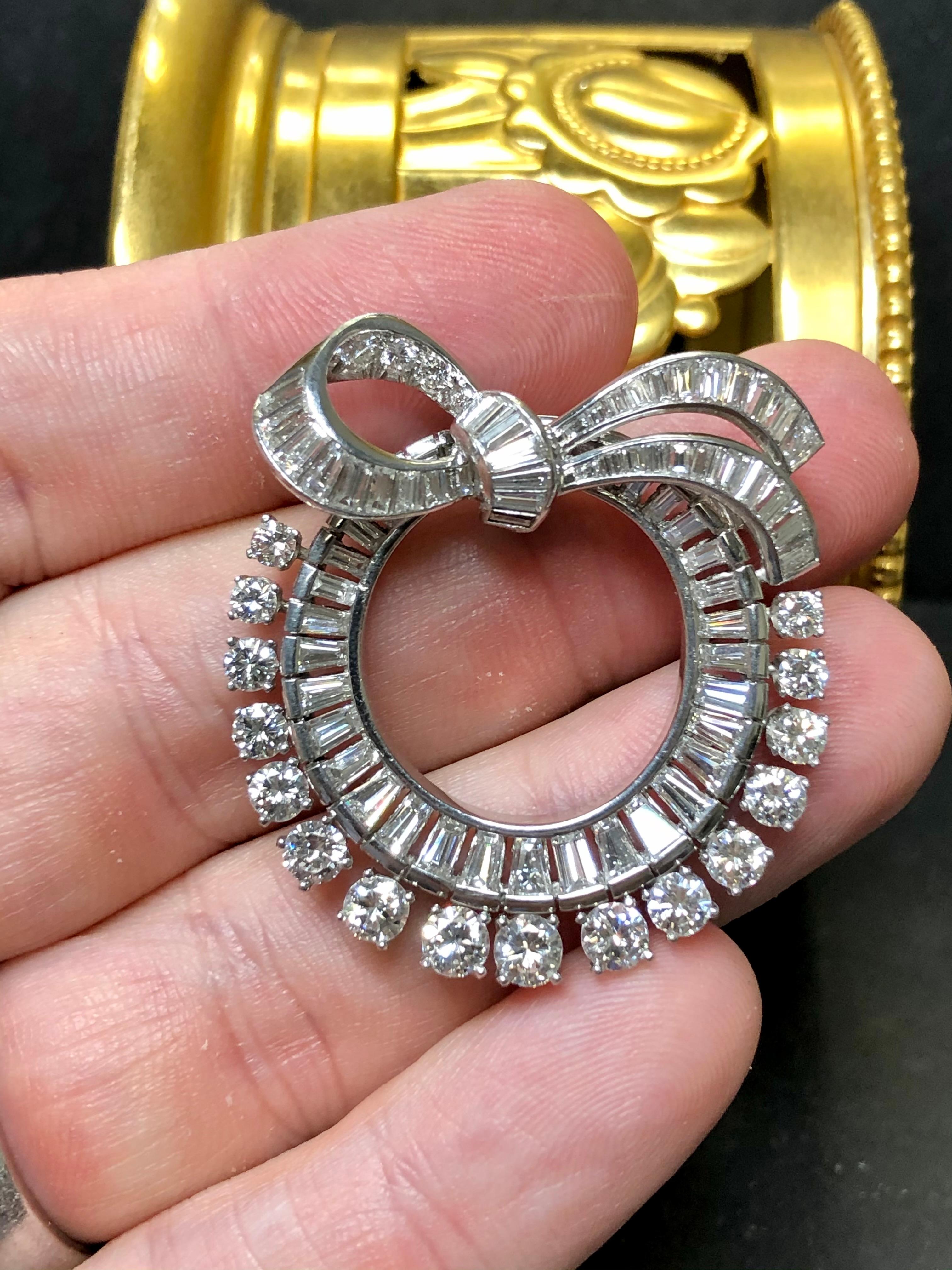 Vintage Platinum Baguette Round Diamond Wreath Circle Bow Brooch Pendant 7cttw  For Sale 1