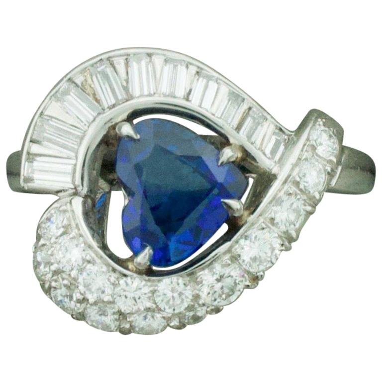 1950s Platinum Heart Shaped Sapphire and Diamond Ring For Sale