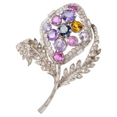 1950s Platinum Multi-Colored Sapphire and Diamond Floral Spray Brooch