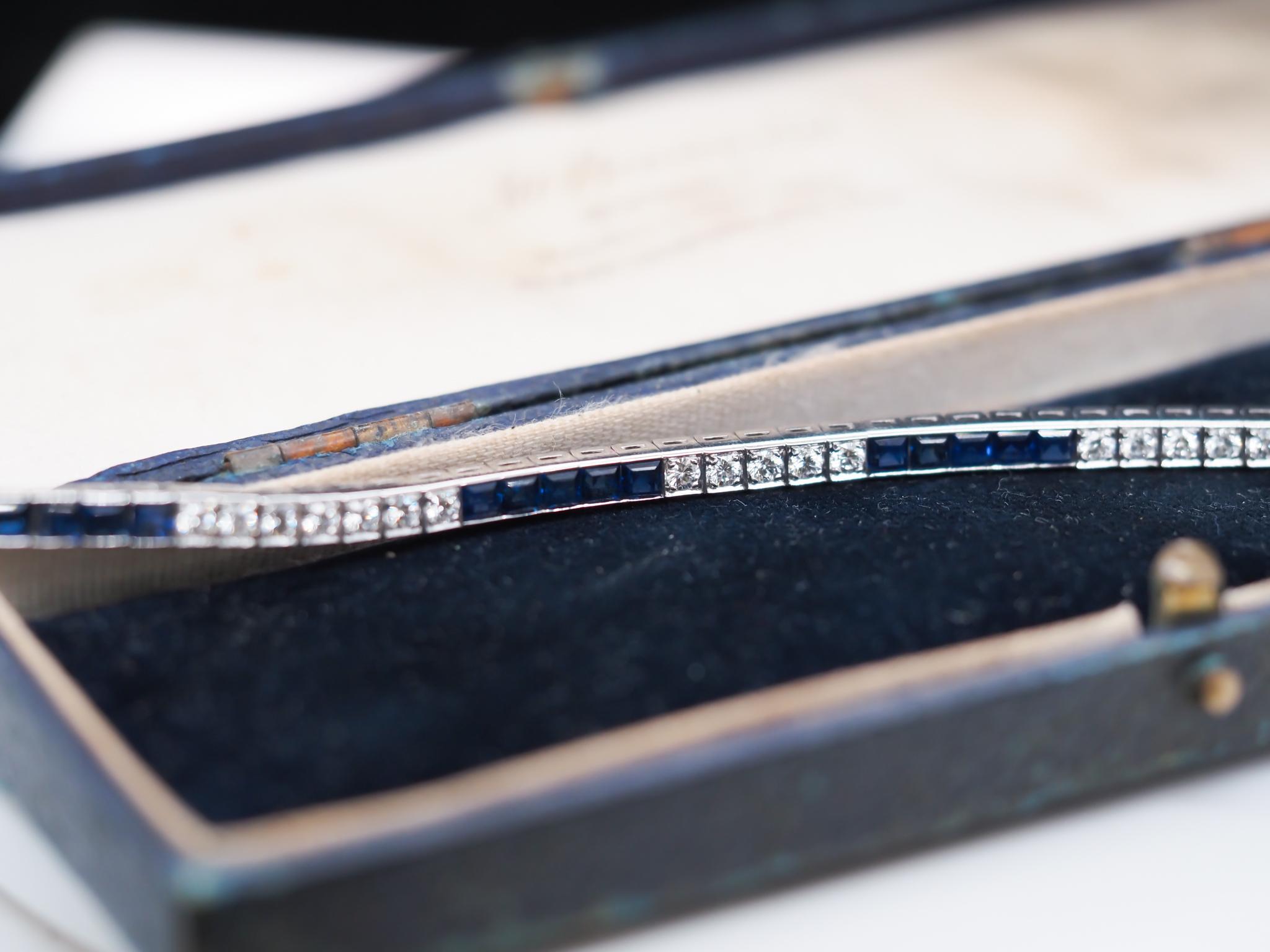 Square Cut 1950s Platinum Natural Sapphire and Diamond Straight Line Bracelet For Sale
