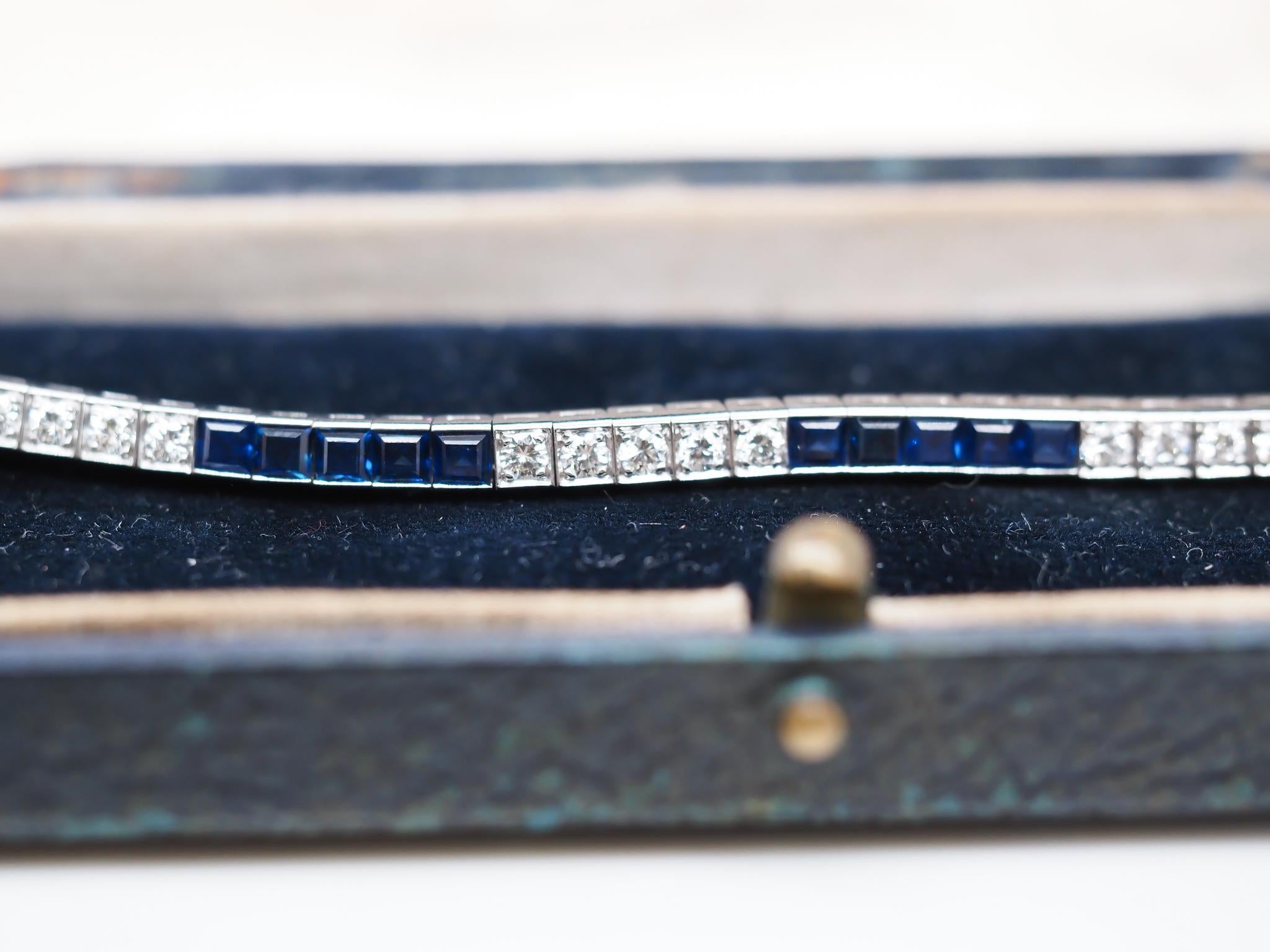 1950s Platinum Natural Sapphire and Diamond Straight Line Bracelet 1