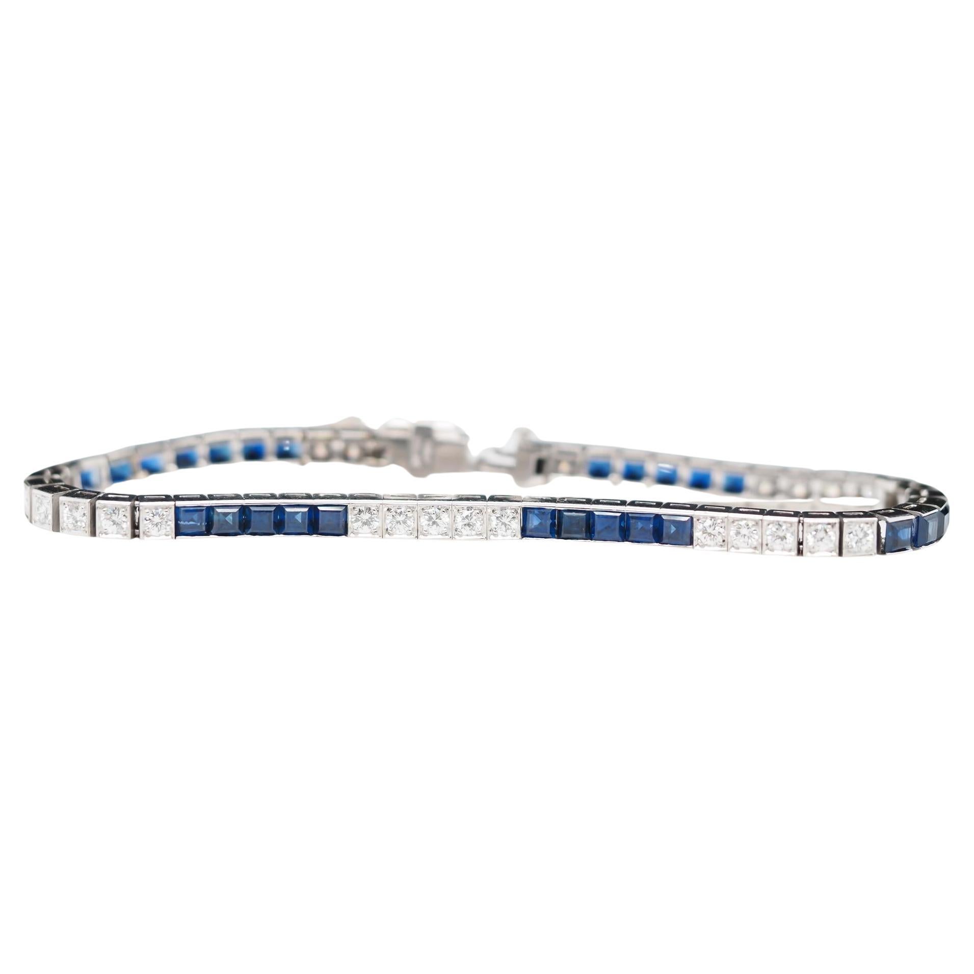 1950s Platinum Natural Sapphire and Diamond Straight Line Bracelet For Sale