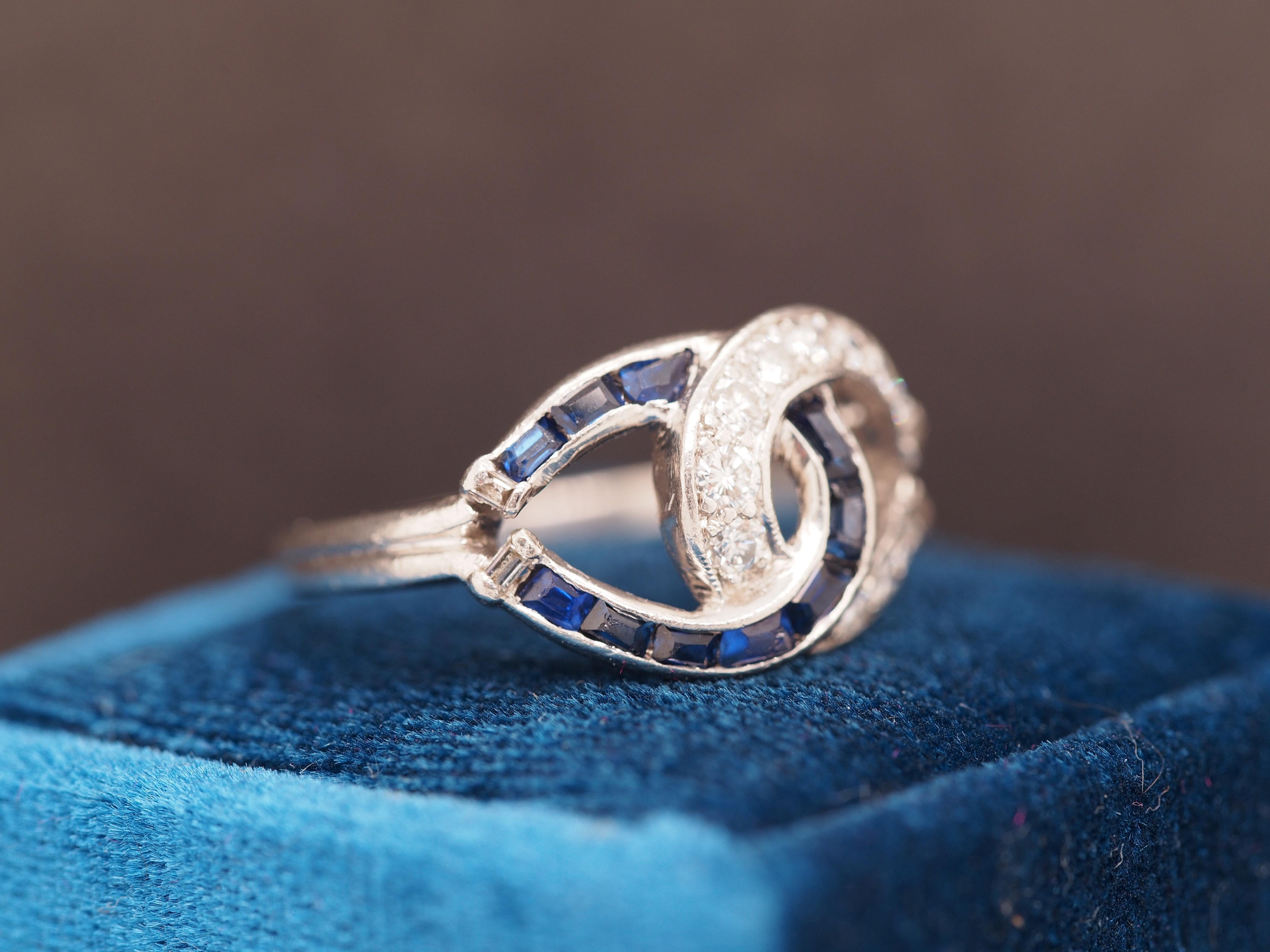 Art Deco 1950s Platinum Vintage Sapphire & Diamond Swirl Cocktail Ring For Sale