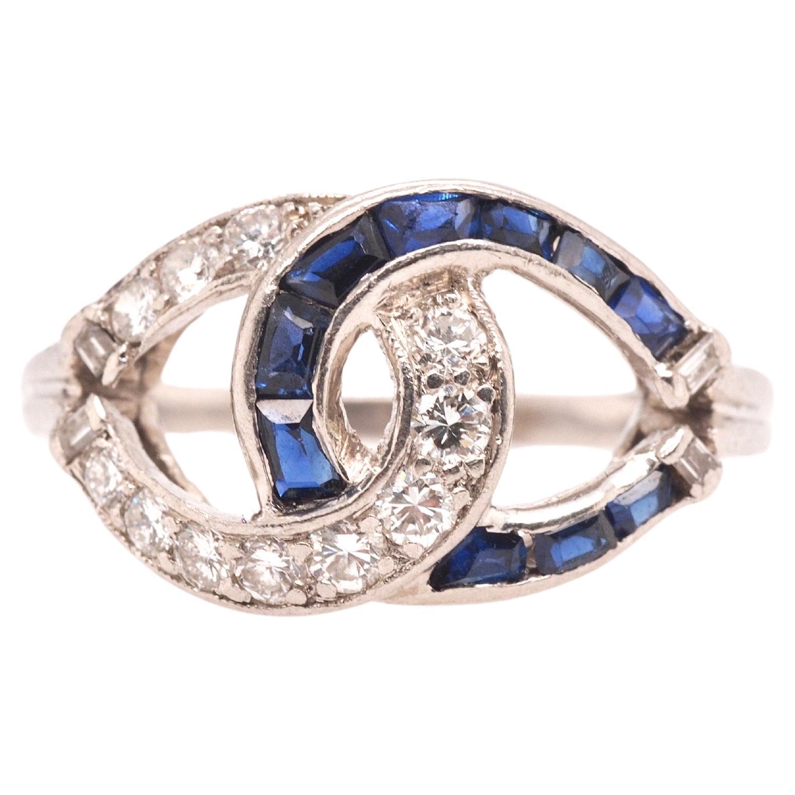 1950s Platinum Vintage Sapphire & Diamond Swirl Cocktail Ring For Sale