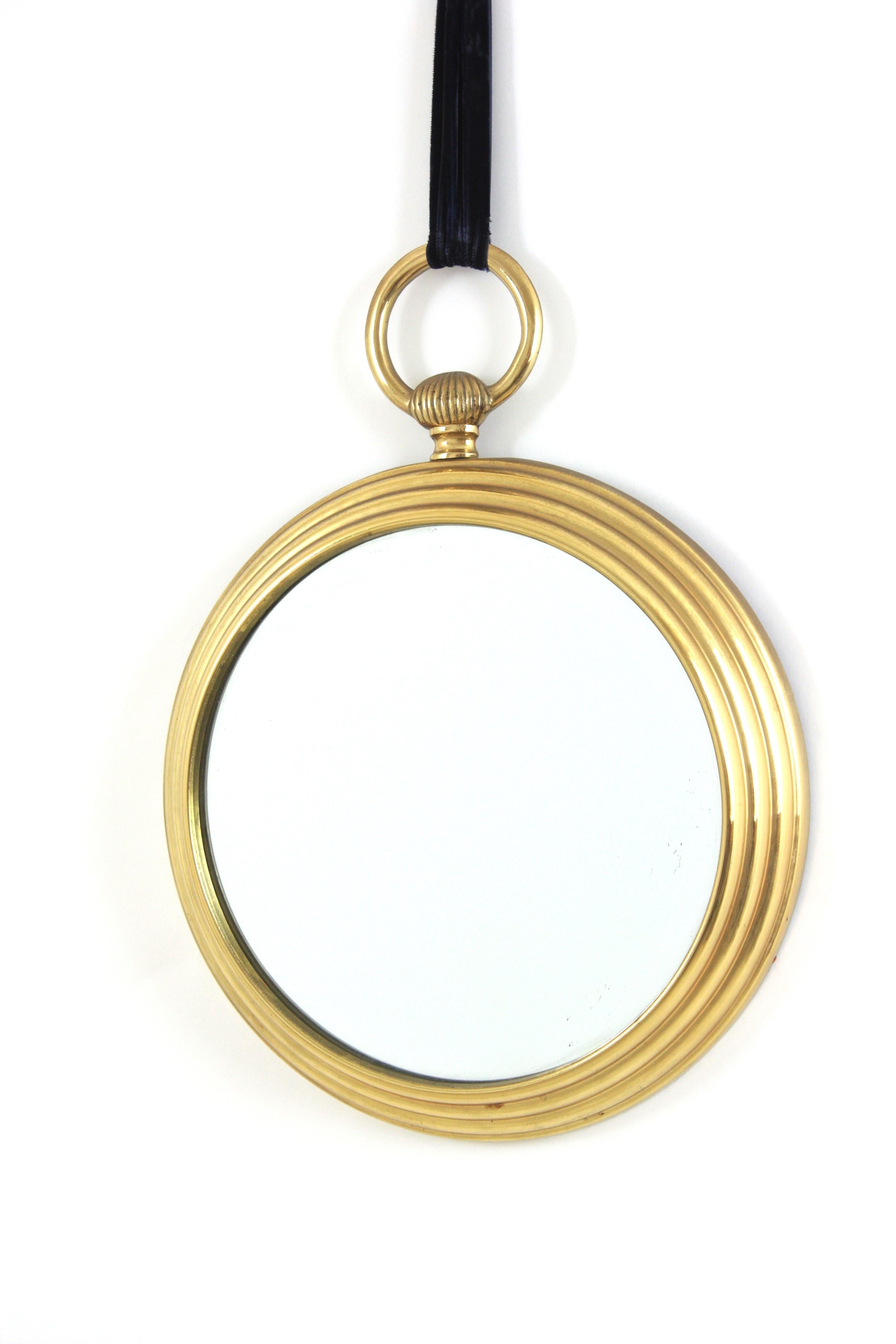 Espejo de pared de reloj de bolsillo de los años 50 en latón y terciopelo azul, estilo Piero Fornasetti en venta 2