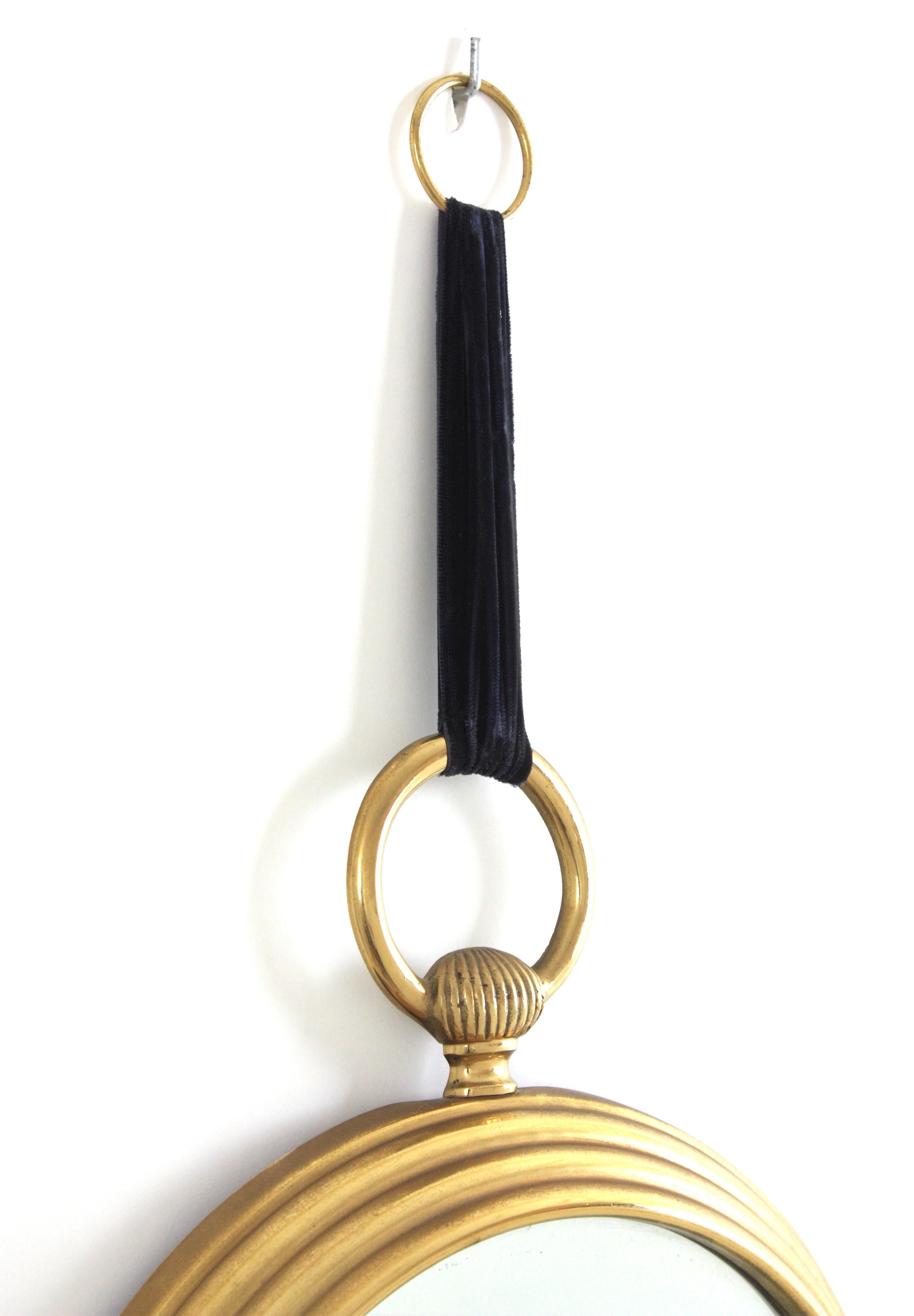 Espejo de pared de reloj de bolsillo de los años 50 en latón y terciopelo azul, estilo Piero Fornasetti en venta 1