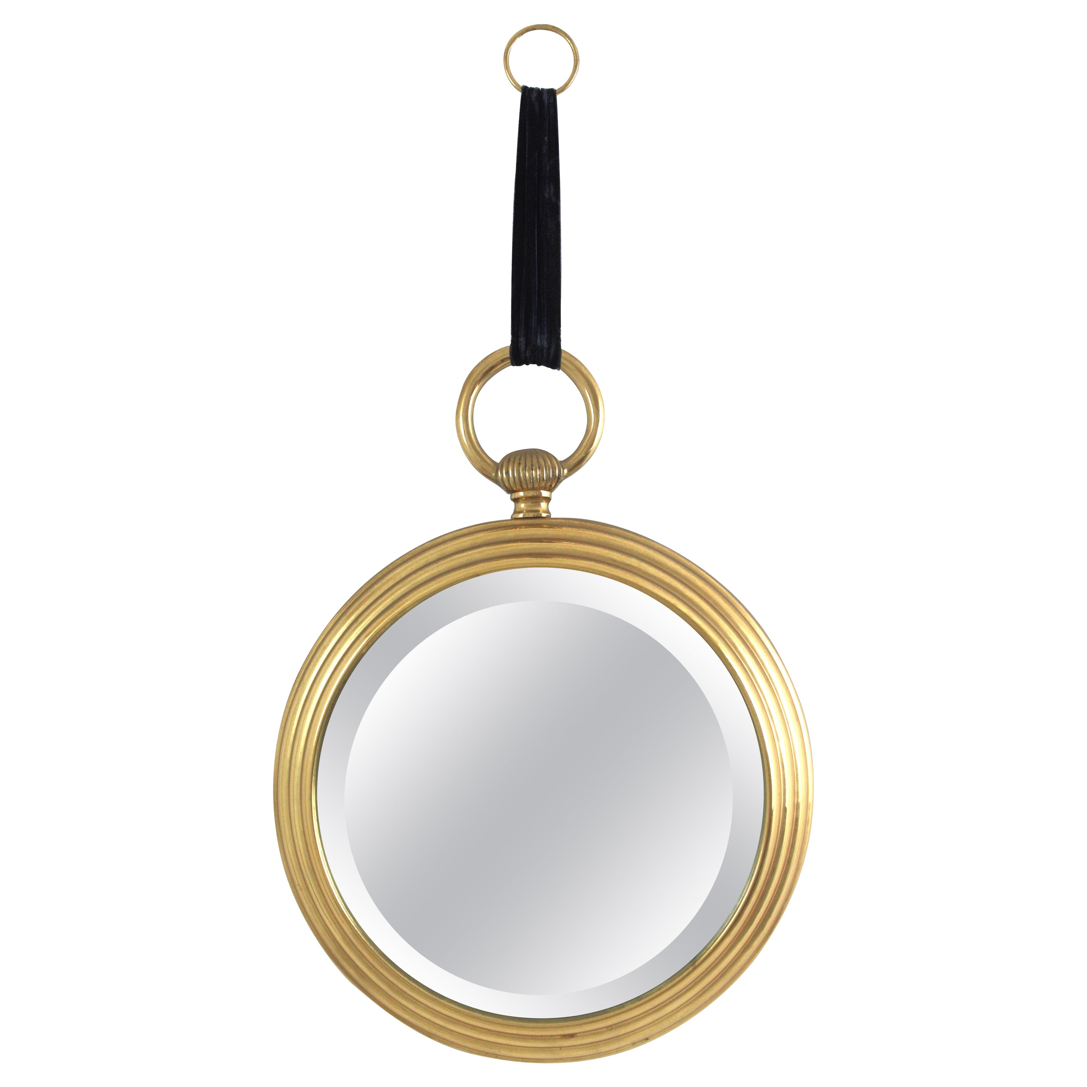 Espejo de pared de reloj de bolsillo de los años 50 en latón y terciopelo azul, estilo Piero Fornasetti en venta