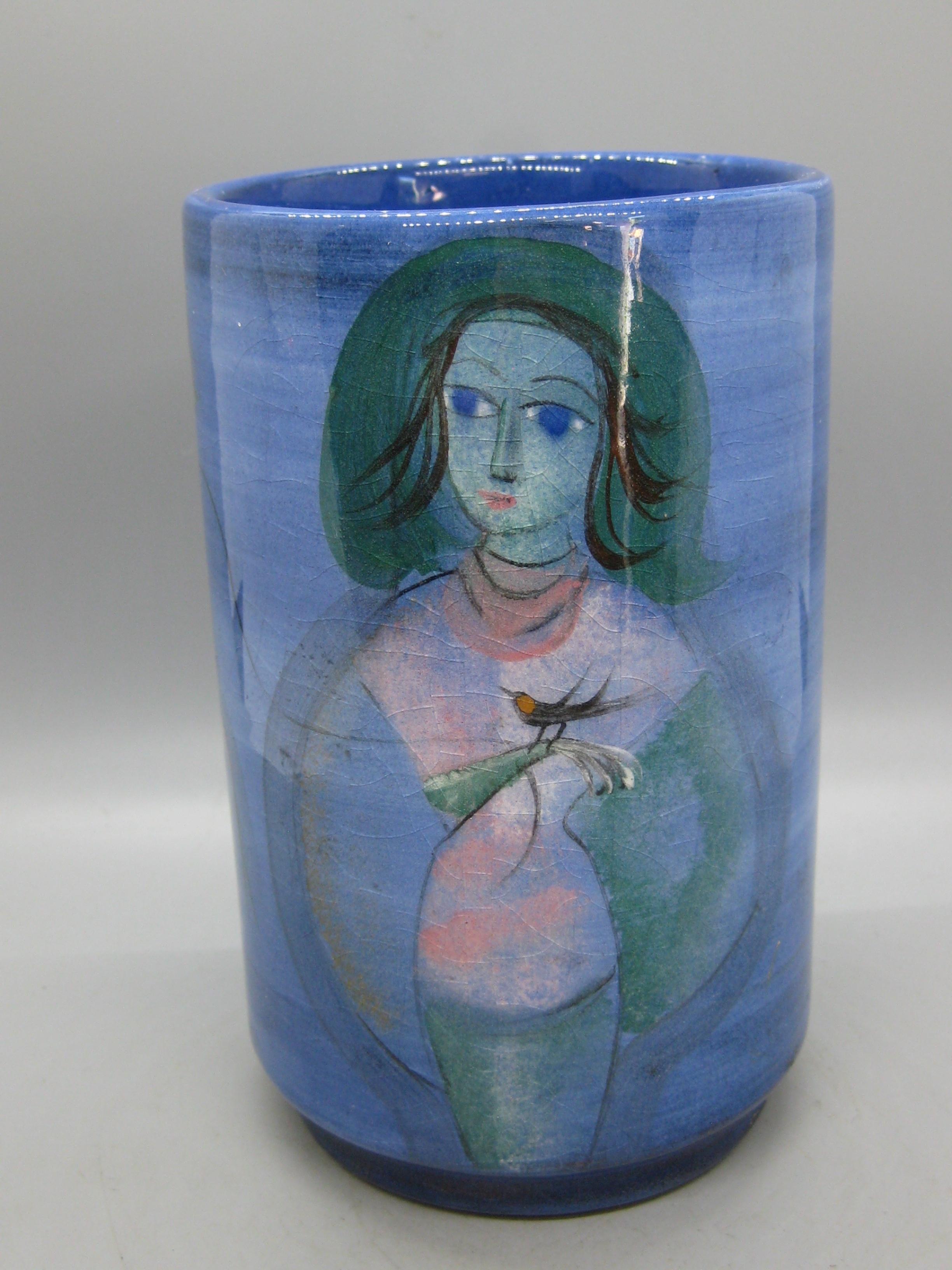 1950's Polia Pillin California Studio Art Pottery Ceramic Vase w/Woman & Horse For Sale 5