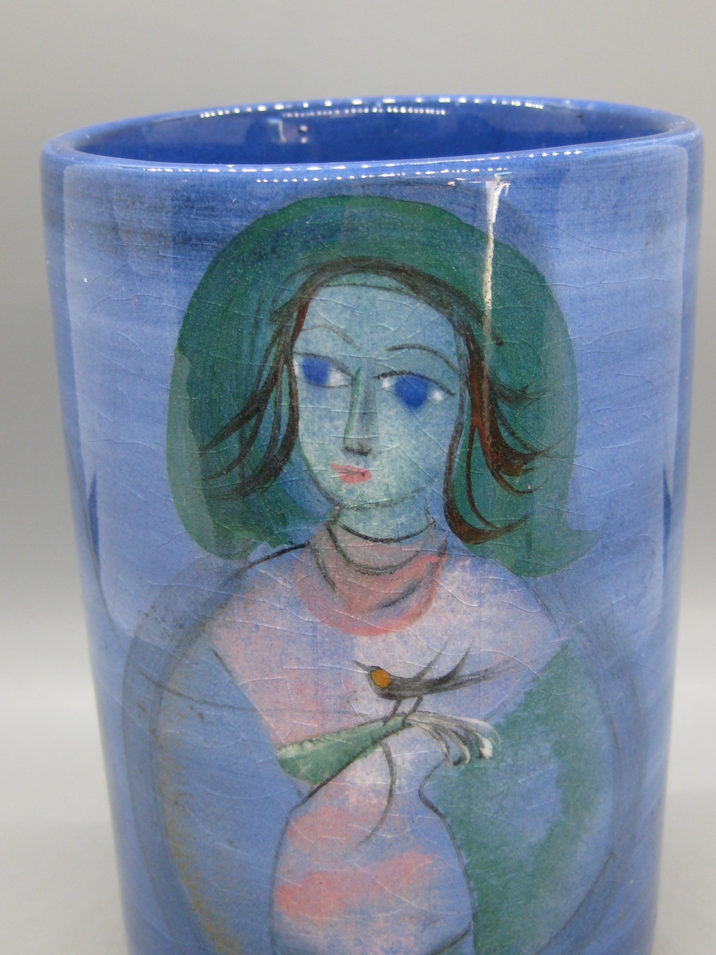 1950's Polia Pillin California Studio Art Pottery Ceramic Vase w/Woman & Horse For Sale 6