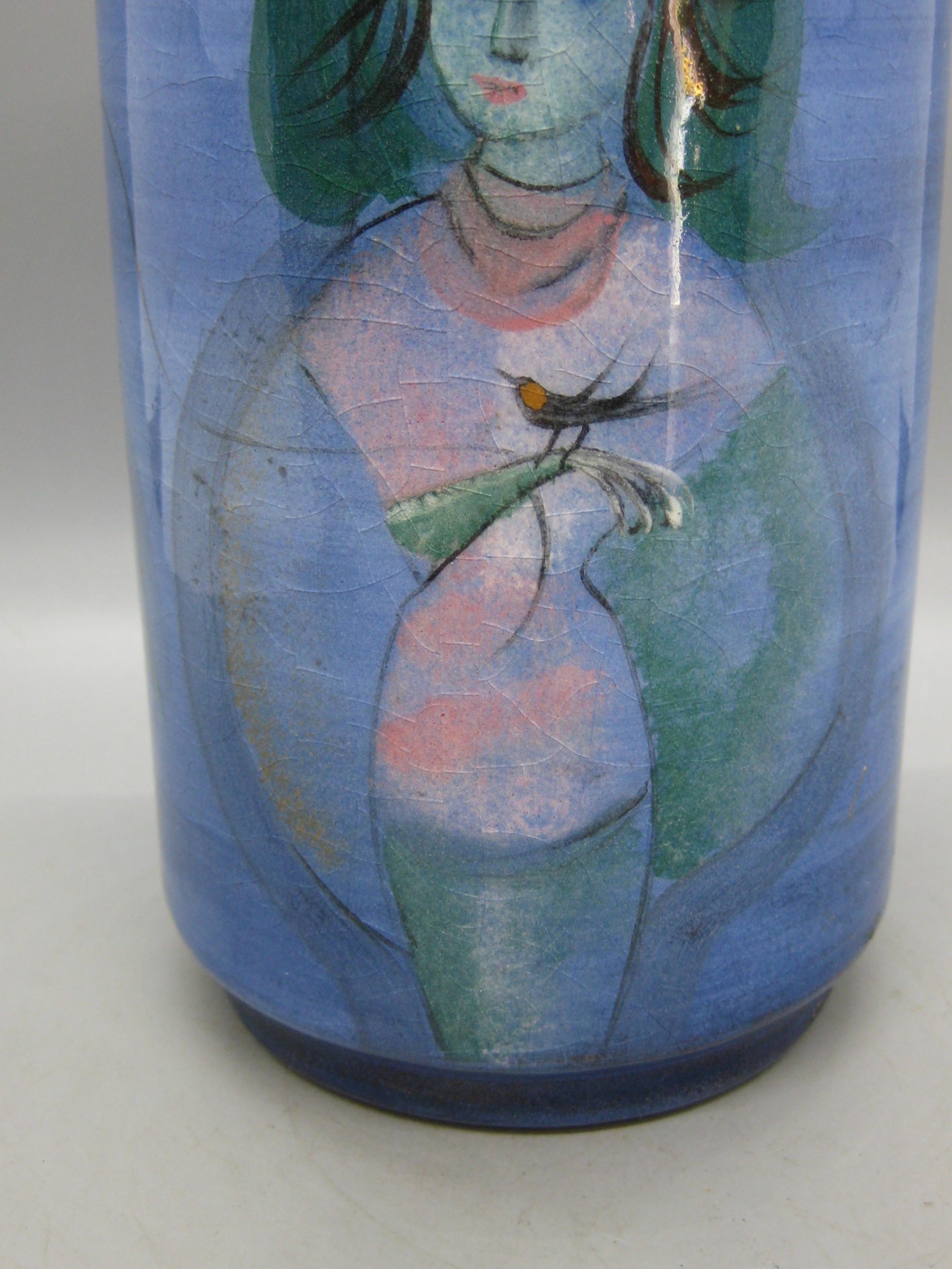 1950's Polia Pillin California Studio Art Pottery Ceramic Vase w/Woman & Horse For Sale 7