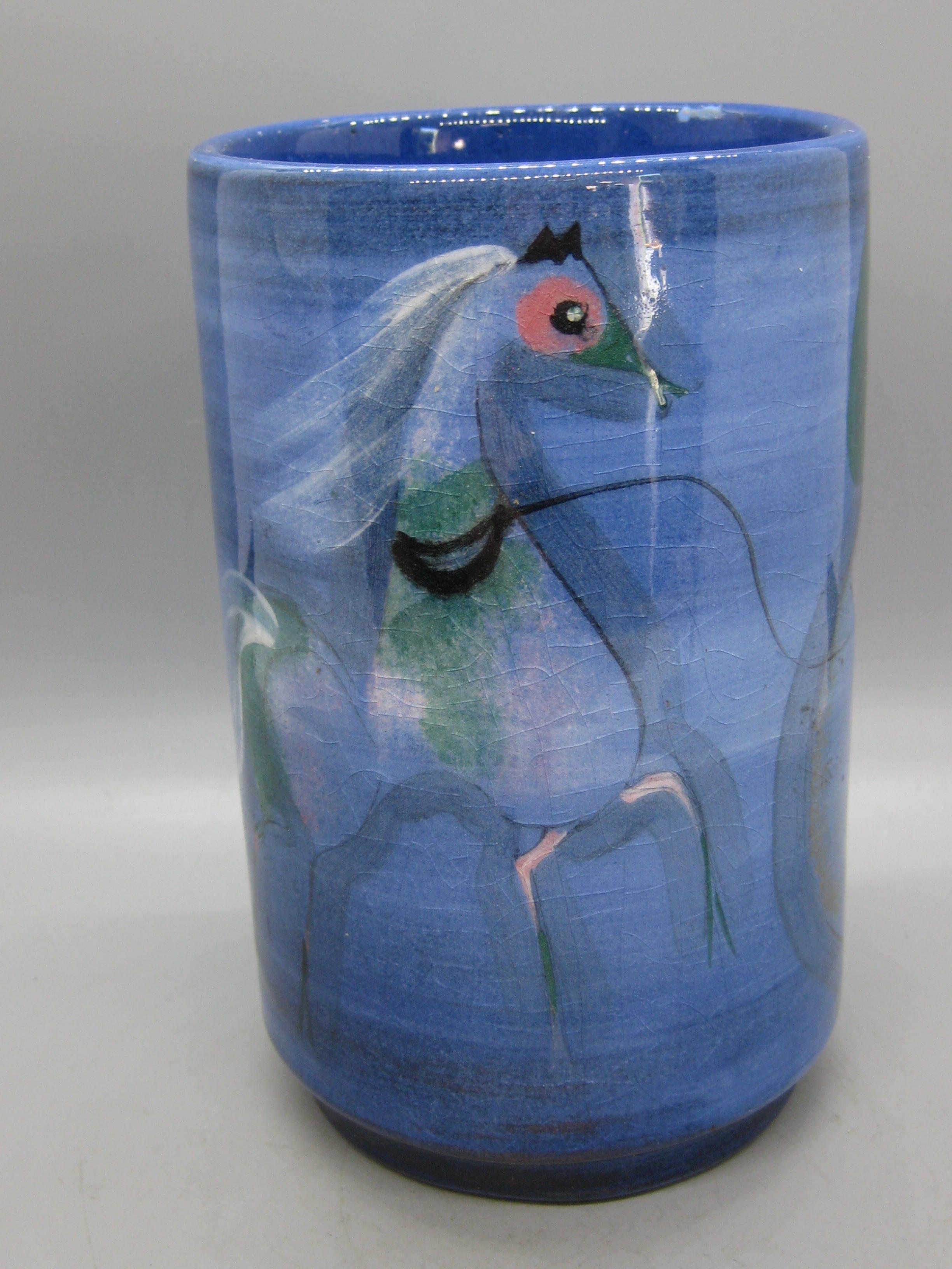 1950's Polia Pillin California Studio Art Pottery Ceramic Vase w/Woman & Horse For Sale 2