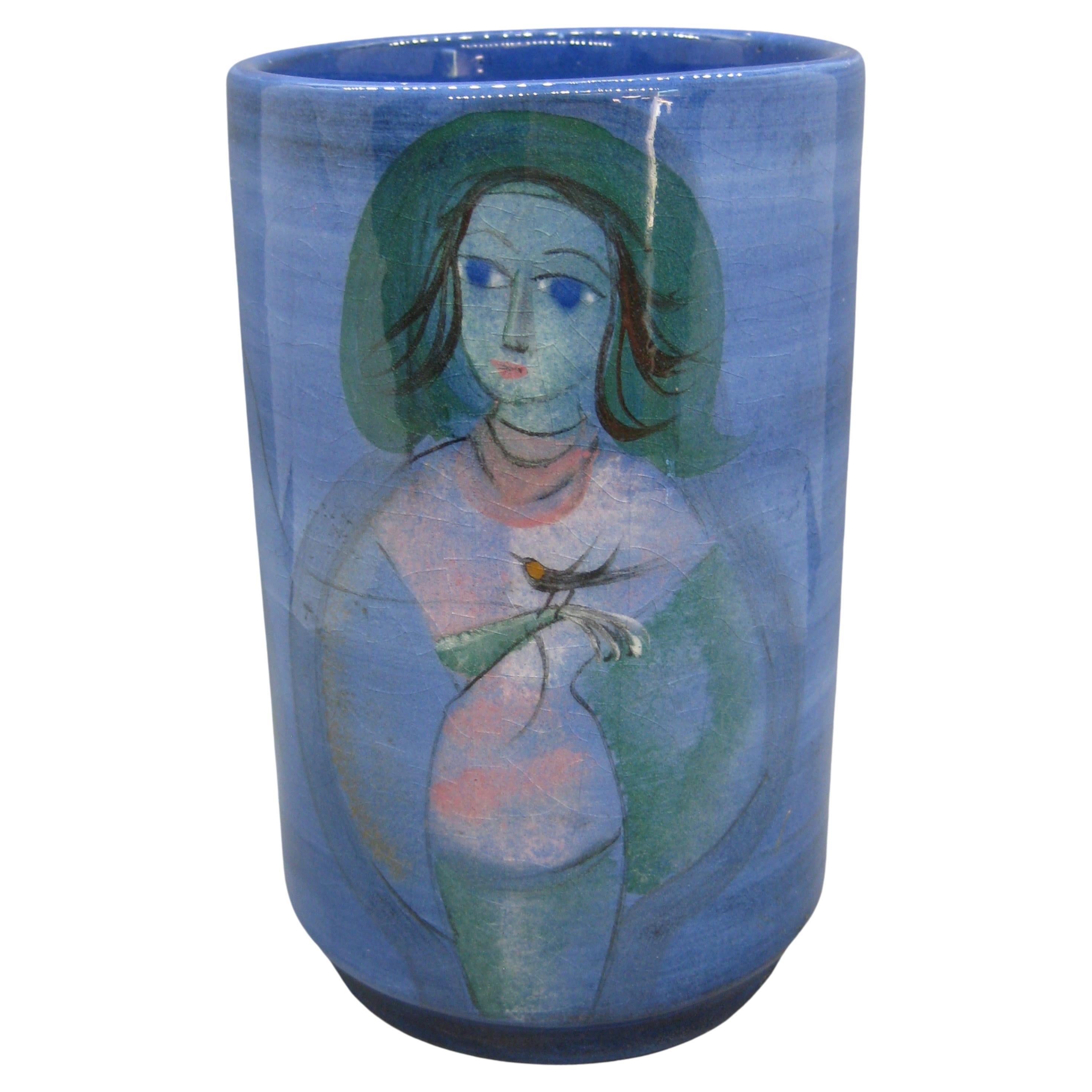 1950's Polia Pillin California Studio Art Pottery Ceramic Vase w/Woman & Horse