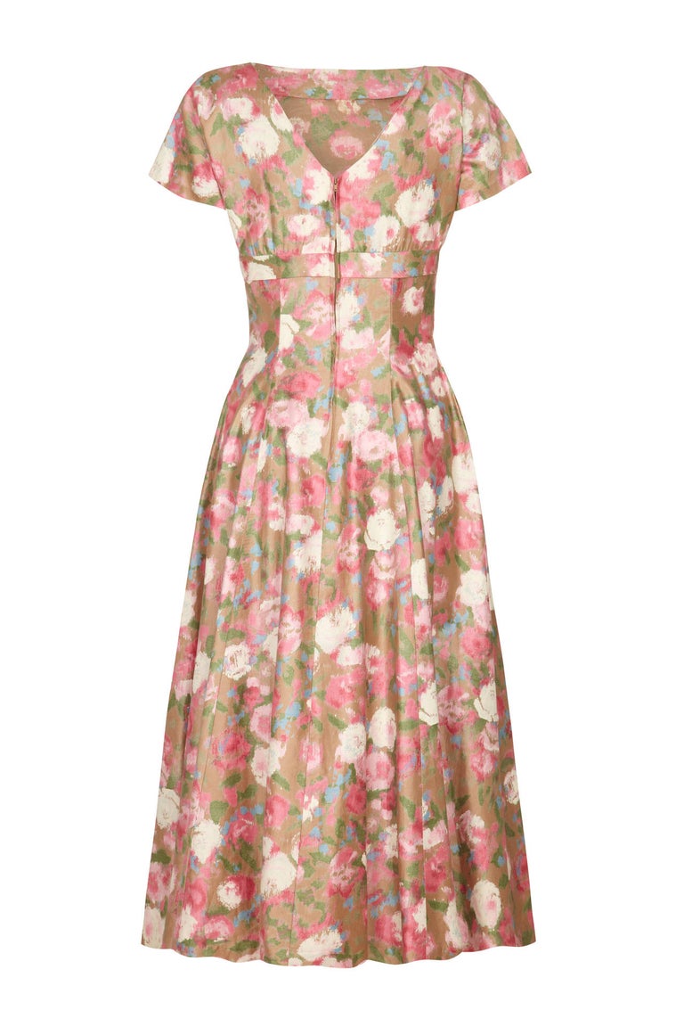 1950s Polished Cotton Floral Dress at 1stdibs