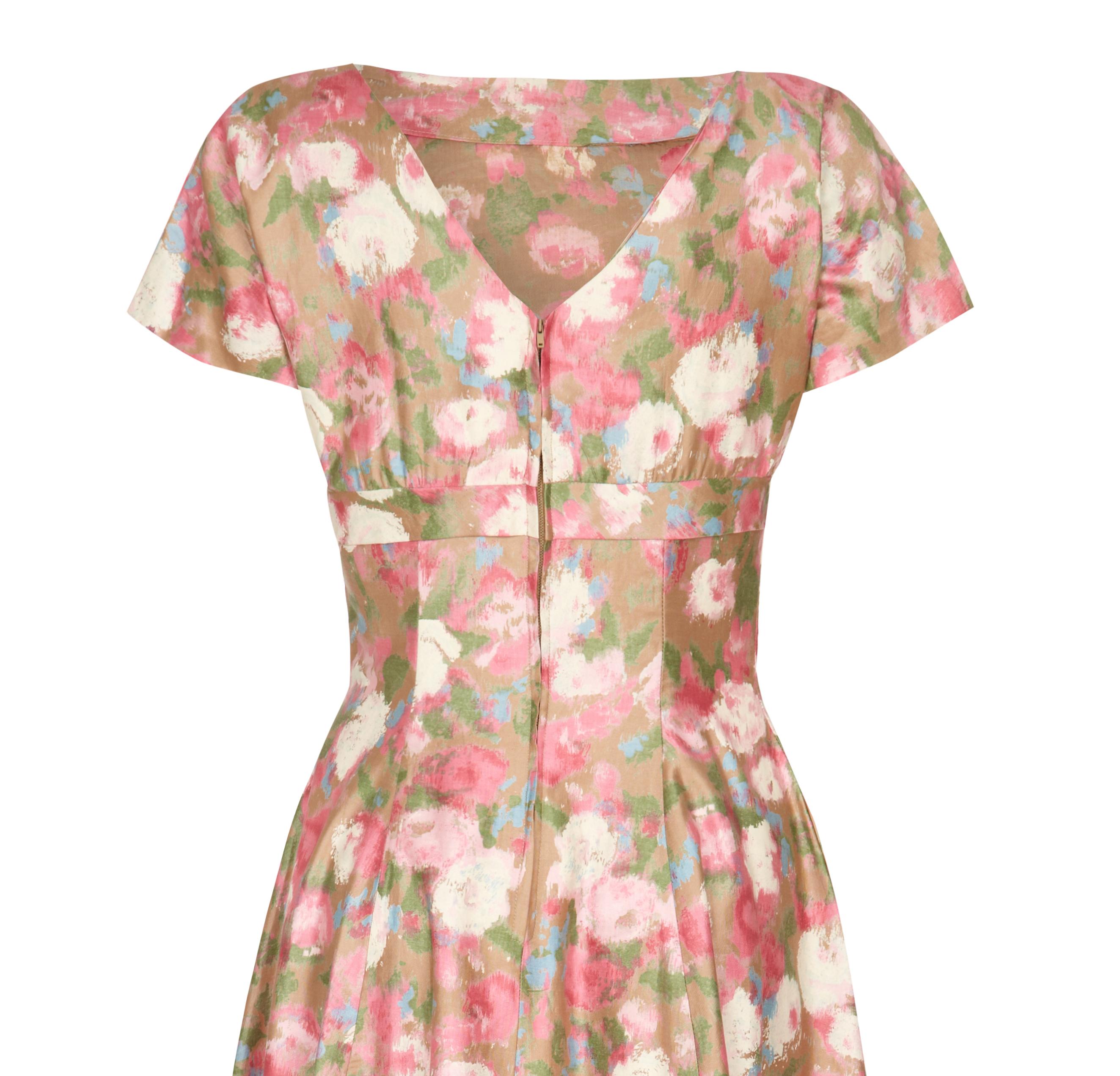 Beige 1950s Polished Cotton Floral Dress